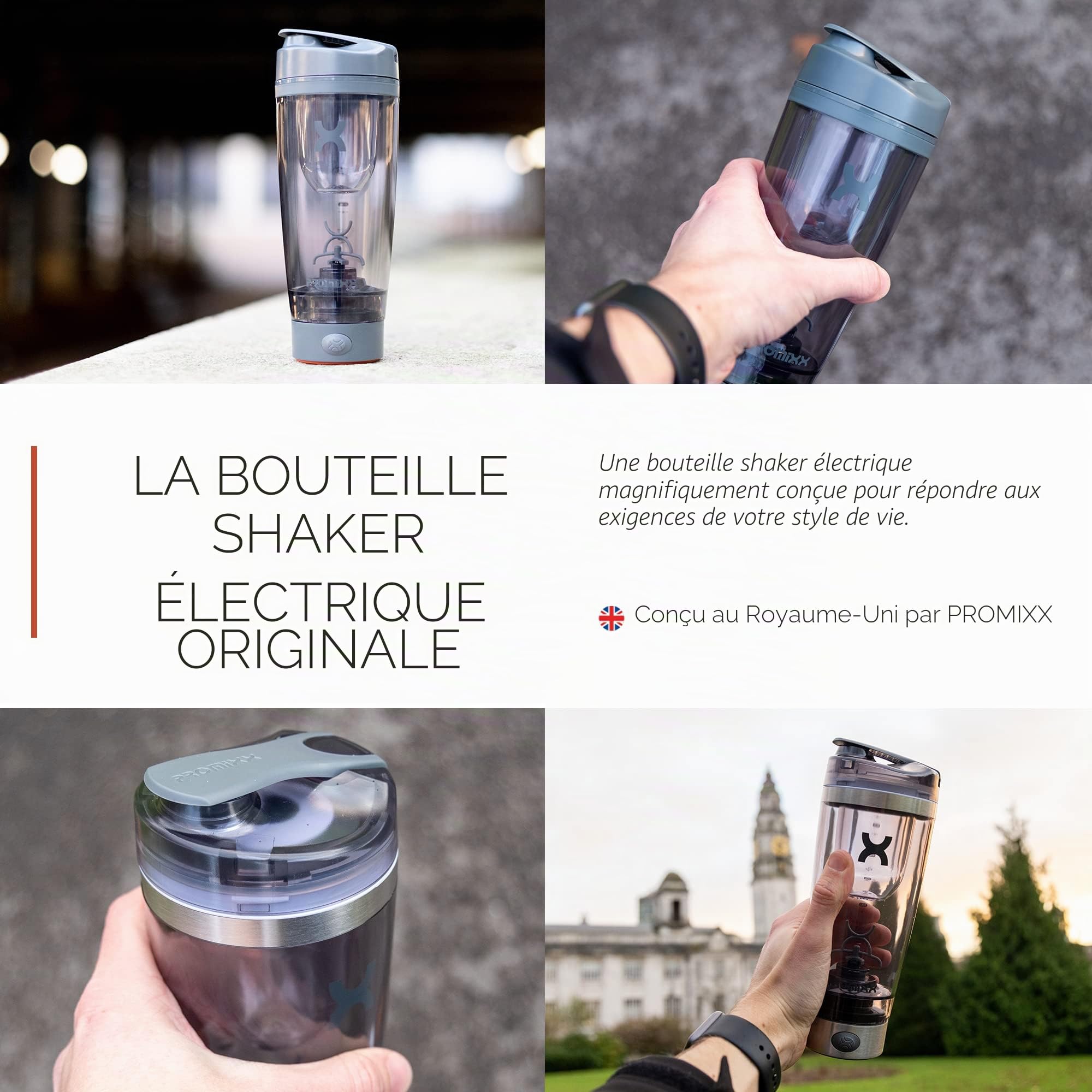 Promixx Pro Shaker Bottle - Rechargeable, Puissant pour des shakes Protéinés Lisses - Comprend un Stockage Supplémentaire - sans BPA, Gobelet 600ml (Gris Cool)