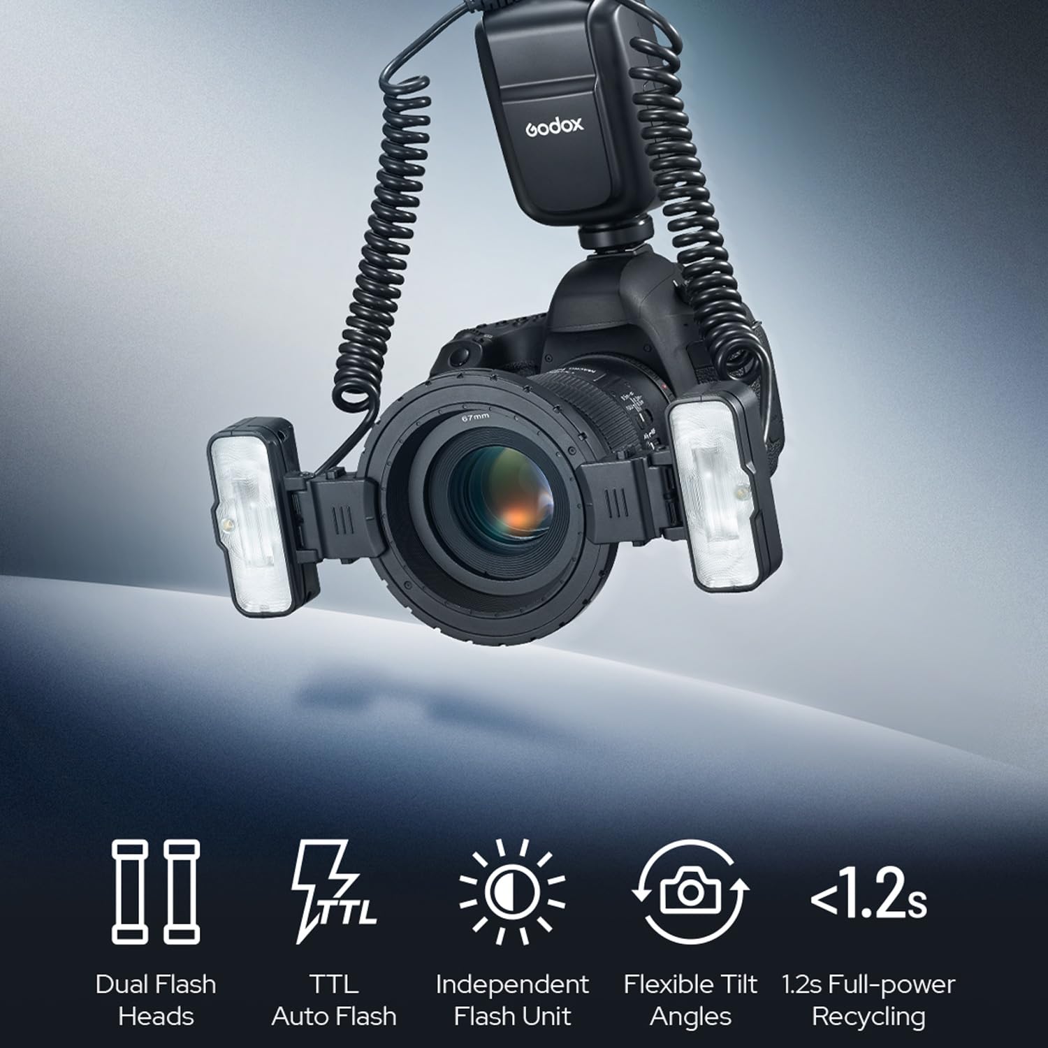 GODOX MF-T76C TTL Doppia testa del flash macro flash 2.4G wireless GN22.4, 550 flash, tempo di ricarica del flash 1,2 s con anello di montaggio, diffusore per fotocamera Canon, insetti, alimenti