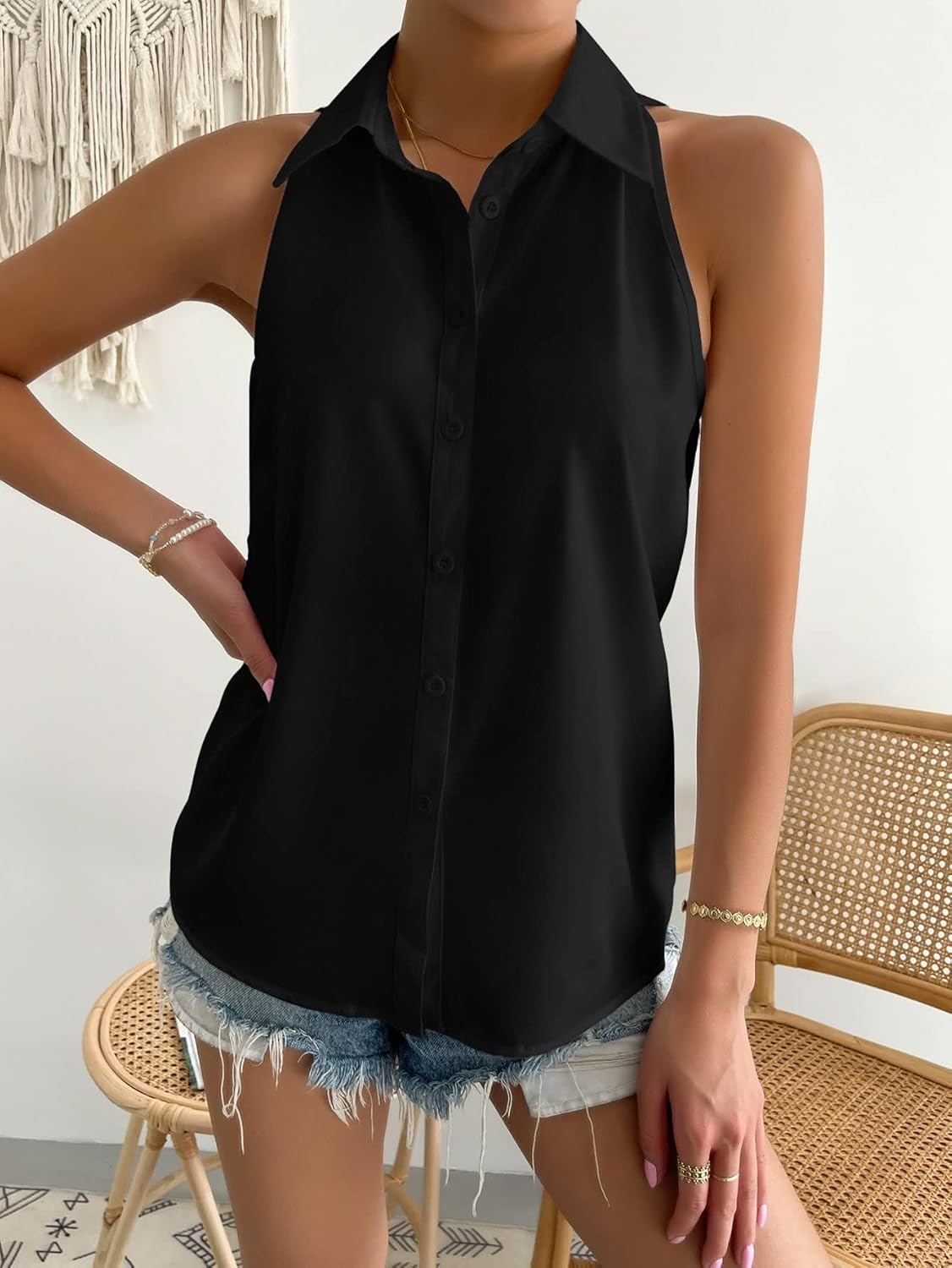 Milumia Women Sleeveless Button Down Blouses Geo Print Collared Tank Tops Work Blouses - Image 7