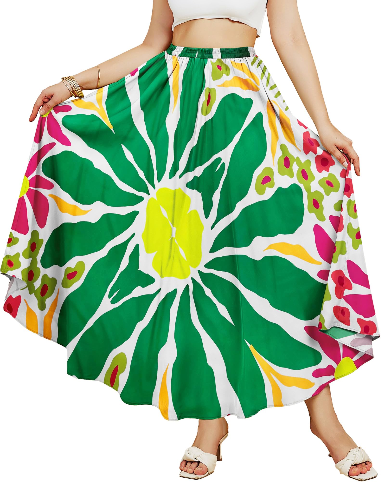 Eddoyee Women's Floral Print High-Waist Skirts Boho Casual Beach Holiday Midi Skirt Summer Swim Cover-Up Long Skirts