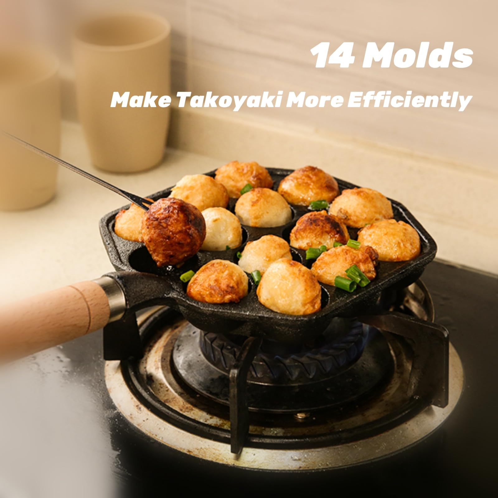 Topyond Takoyaki Padella Ghisa, Padella Grill Per Takoyaki, 14 Fori Antiaderente Di Cottura Muffa Del Vassoio, Pancake Piastra con Manico Staccabile, Takoyaki Piastra