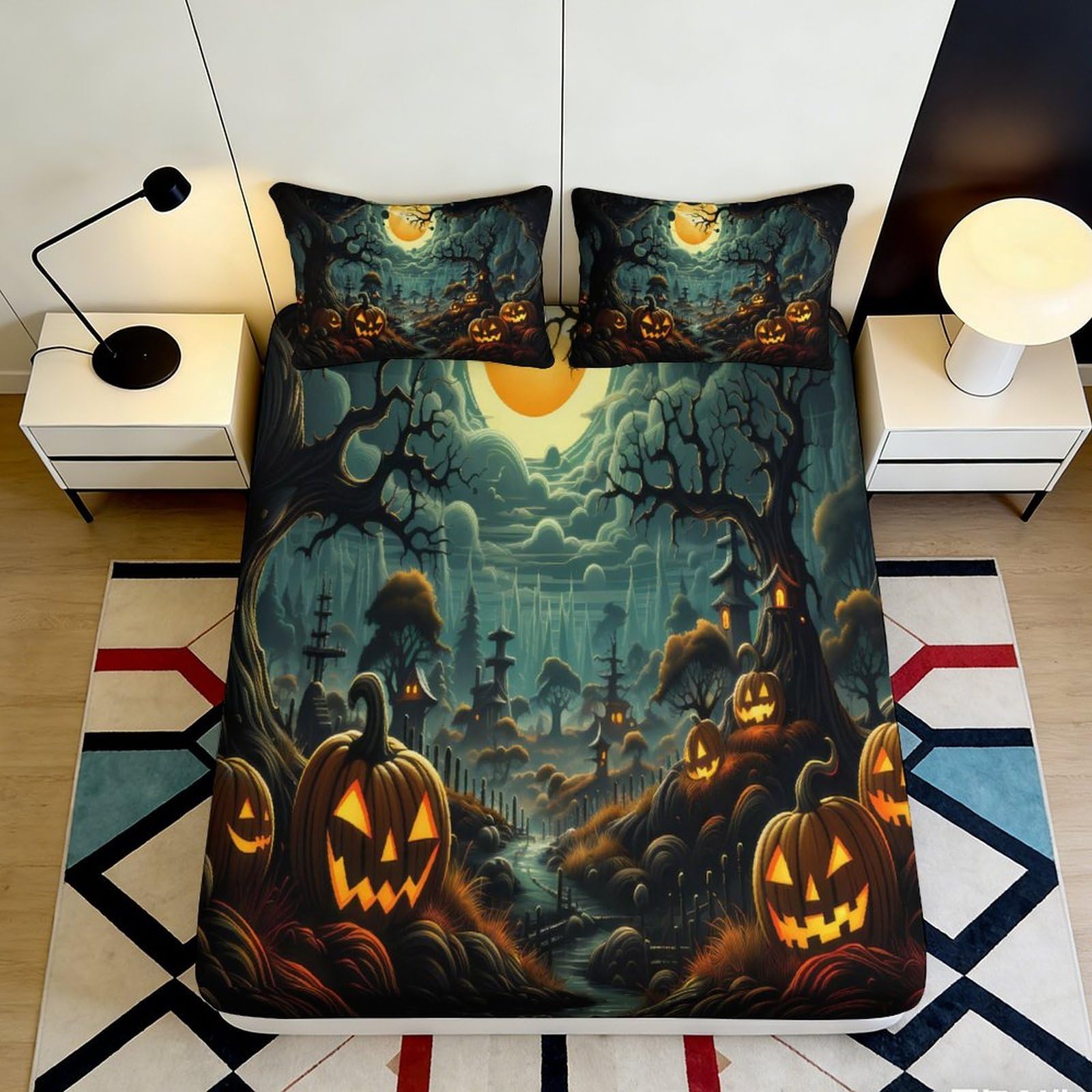 Pnayamiorkfel Style-2 3D Printed Halloween Pumpkin Fitted Sheet Microfiber Soft Breathable Haunted Forest Bed Cover For Bedroom Decor 90X200x25cm