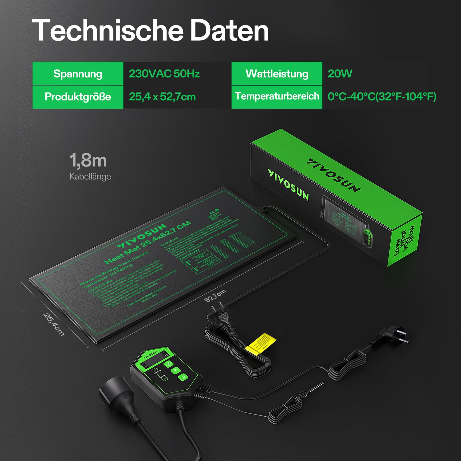 VIVOSUN Heizmatte mit Digitalem Thermostat 25,4x52,7 cm, UL & MET Zertifiziert, Wärmematte für Keimung, Zimmerpflanzen, Hydrokultur und Gewächshaus
