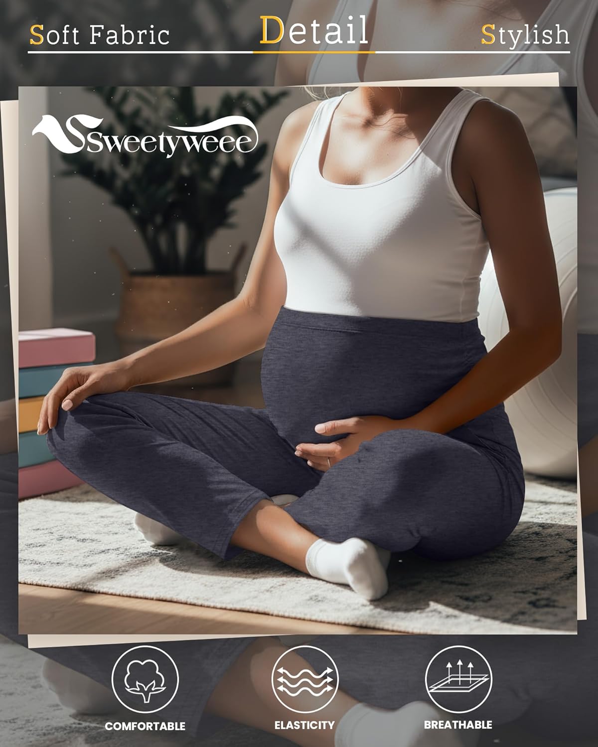 3 Pack Women's Maternity Pants Pregnancy Leggings Over The Belly Wide Waist Pant Pocket Ruched Work Casual Trouser - Image 6