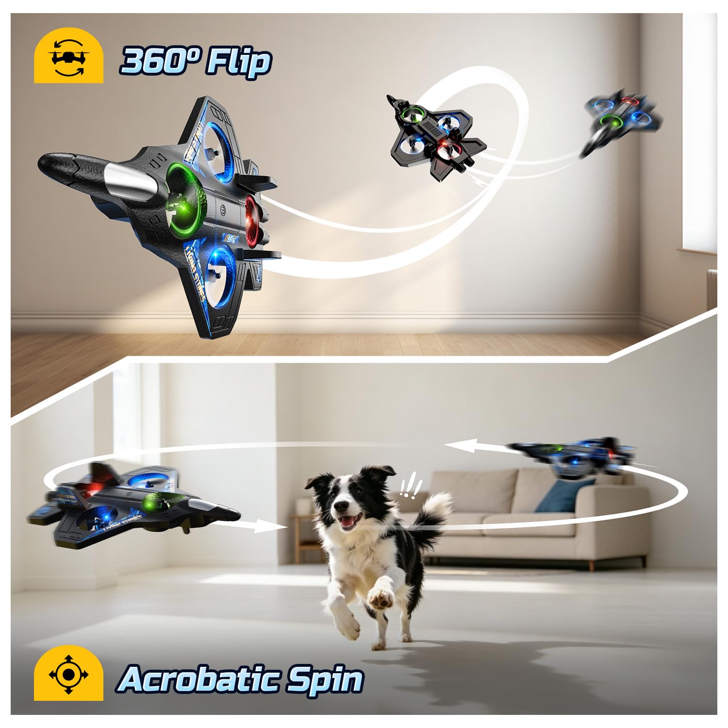 DEERC Ferngesteuertes Flugzeug für Kinder, 360 ° Drehung, Höhenhaltung, Start mit einer Taste, Outdoor-Spielzeug für Jungen (schwarz)