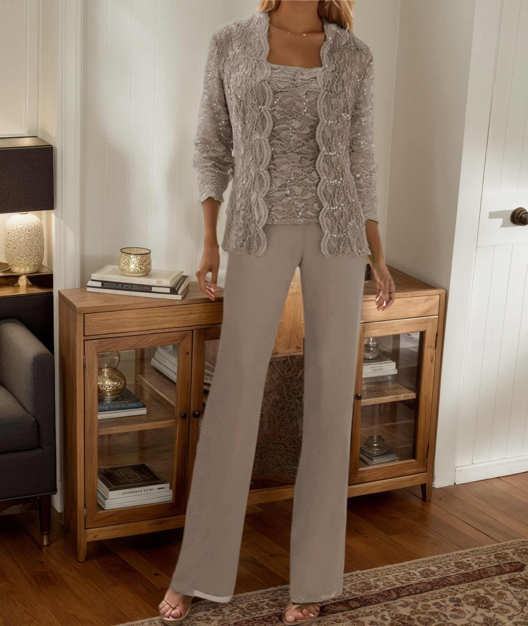 3 Teilig Chiffon Hosenanzug Damen Festlich Elegant - Spitze Pailletten Brautmutterkleider Große Größe Langarm Festlich Formelle Abendanzüge Sets
