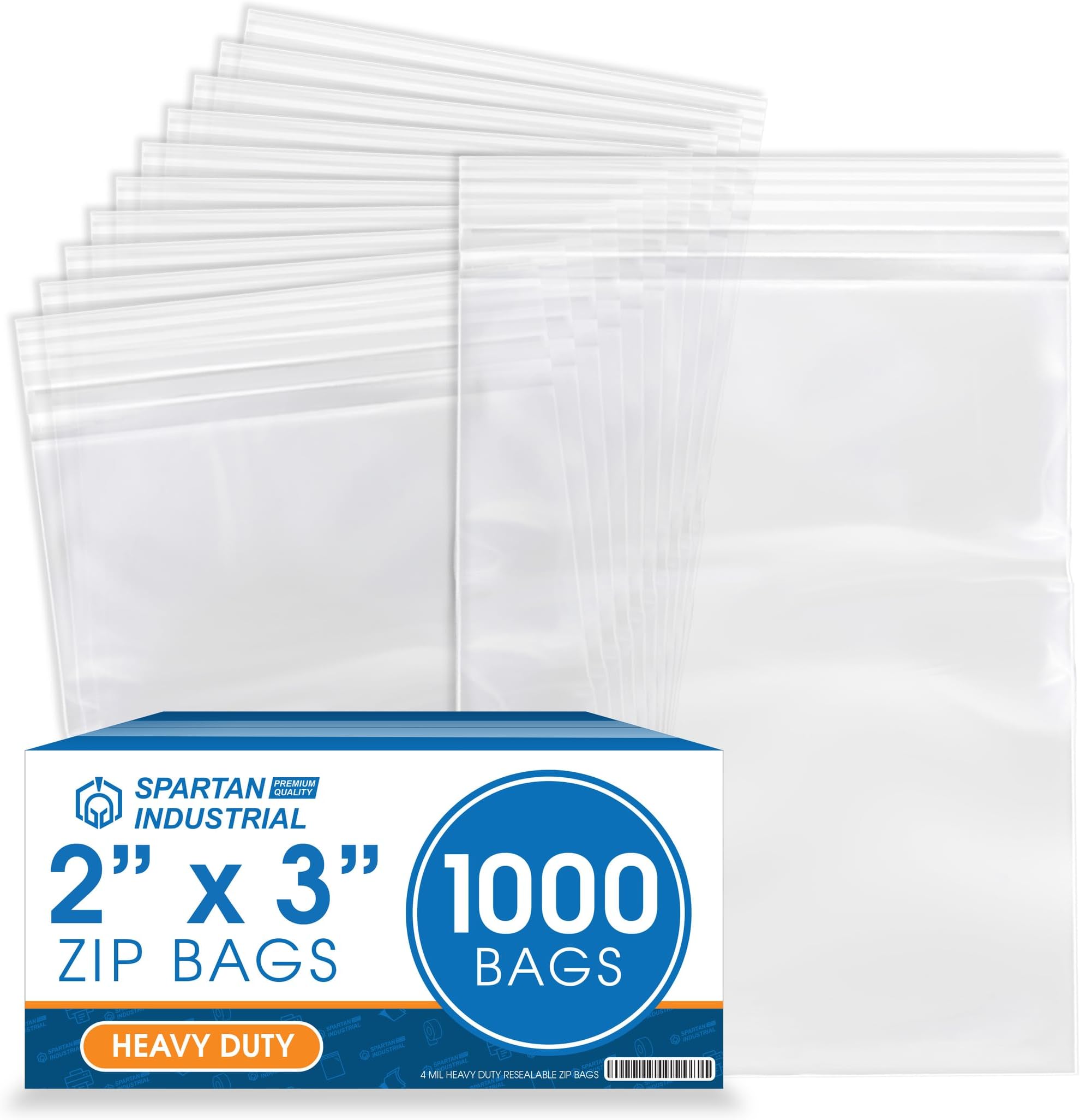 Spartan Industrial - 2” X 3” (1000 Count) 4 Mil Thick Clear Reclosable Zip Plastic Poly Bags with Resealable Lock Seal Zipper - Heavy Duty and Durable