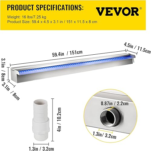 Miniatura 7 de VEVOR Fuente de piscina de acero inoxidable para piscina, cascada de 59.4 x 4.5 x 3.1 pulgadas (ancho x profundidad x alto) con tira de luz LED