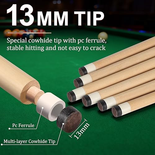 Miniatura 2 de Juego de 6 palos de billar de 36 pulgadas, 42 pulgadas, 48 pulgadas, 52 pulgadas, 57 pulgadas, 0.512 in, puntas de arce y maras, palos de billar de