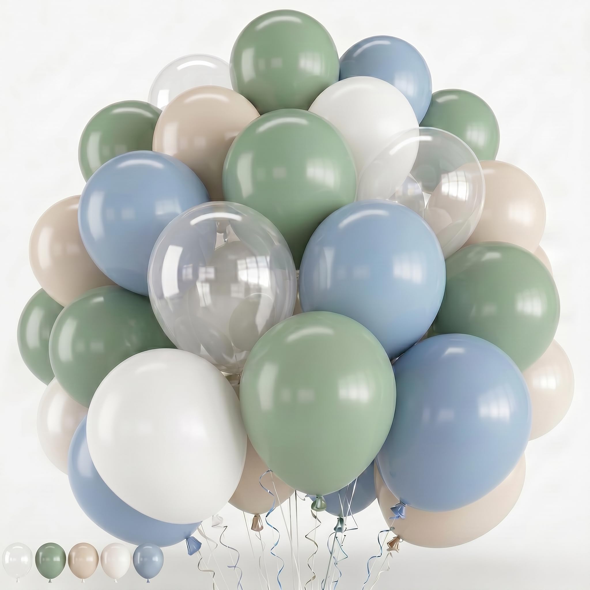 Jobkoo Blue and Green Balloons, 12 inch Sage Avocado Green Dusty Slate Fog Blue Sand White Clear Latex Helium Party balloons for Boho Bridal Baby Shower Anniversary Wedding Birthday Party Decorations