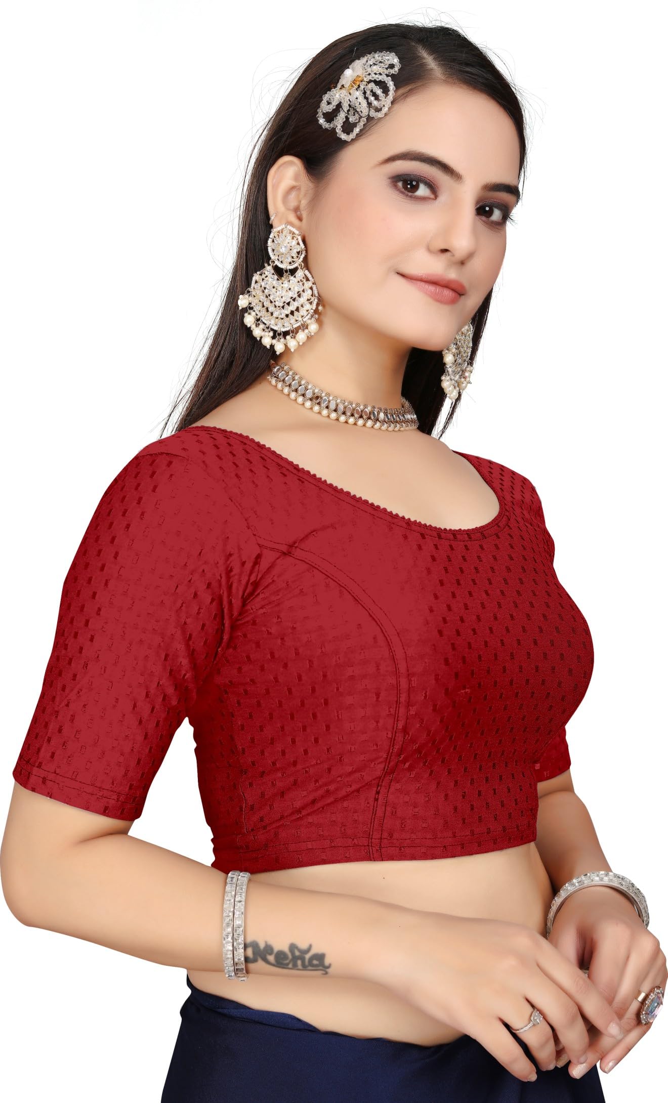 Readymade Saree Blouse for Women Stretchable Cotton Spendex Round Neck Elbow Sleeve Plain Solid Dobby Soft Material Blouse Maroon Size 38"-image-38