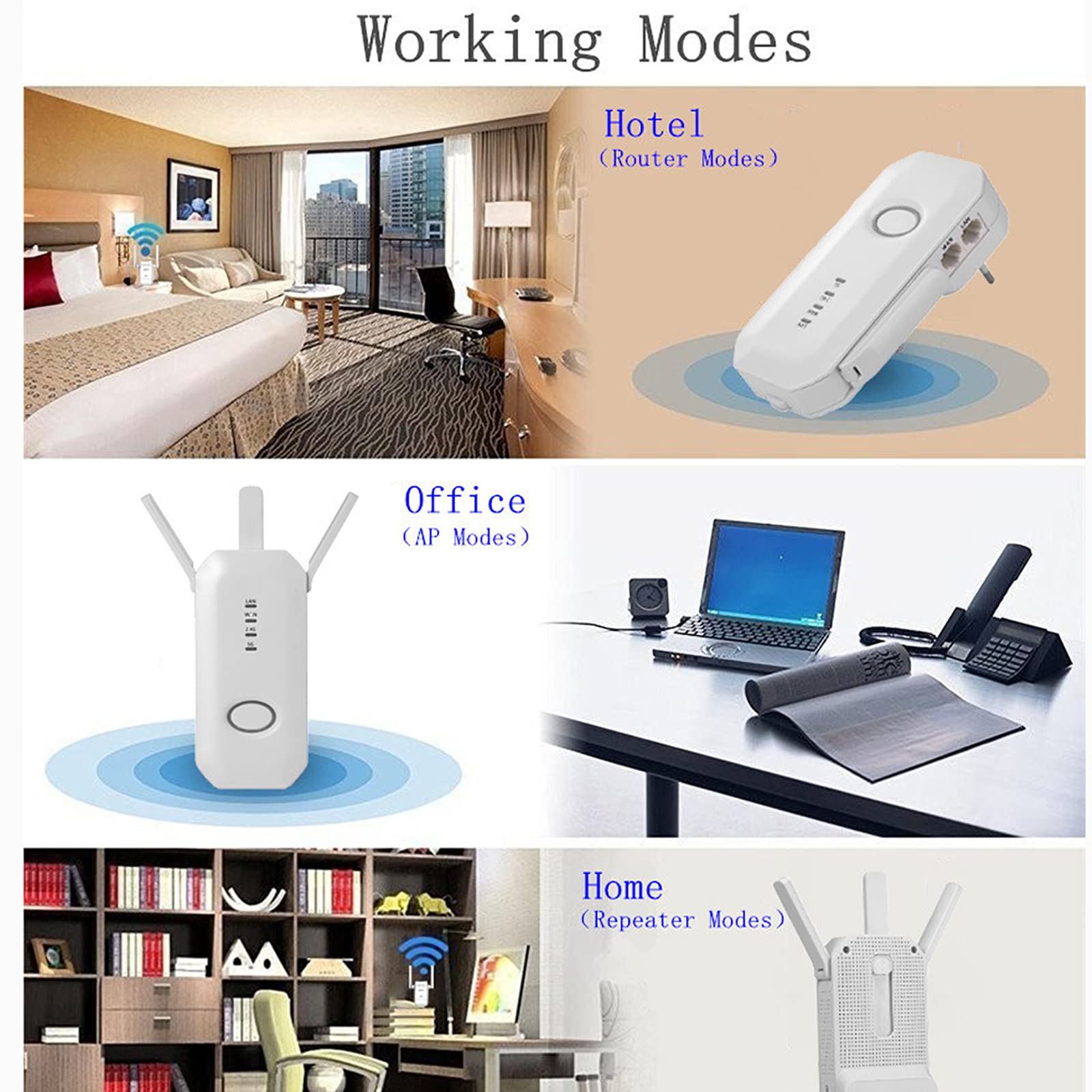 Estensore WiFi a lungo raggio per casa fino a 360° Copertura completa di 100 metri, Estensore WiFi fino a 300 Mbps, 3 modalità, Supporta porta Ethernet, per casa e all'aperto