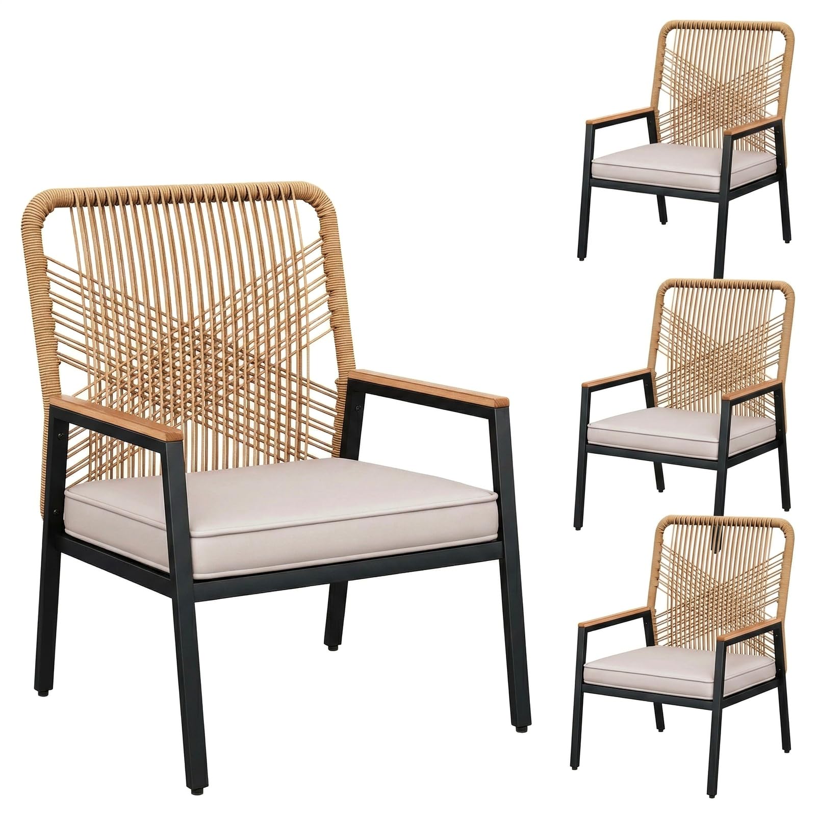 LIFERUN Gartenstuhl aus Korbgeflecht, Gartensessel, Balkonstühle Metall und Rattan, mit 8 cm dicken Sitzkissen, Sturdy Metal Frame & WPC Armrest, für Terrasse, Garten und Veranda