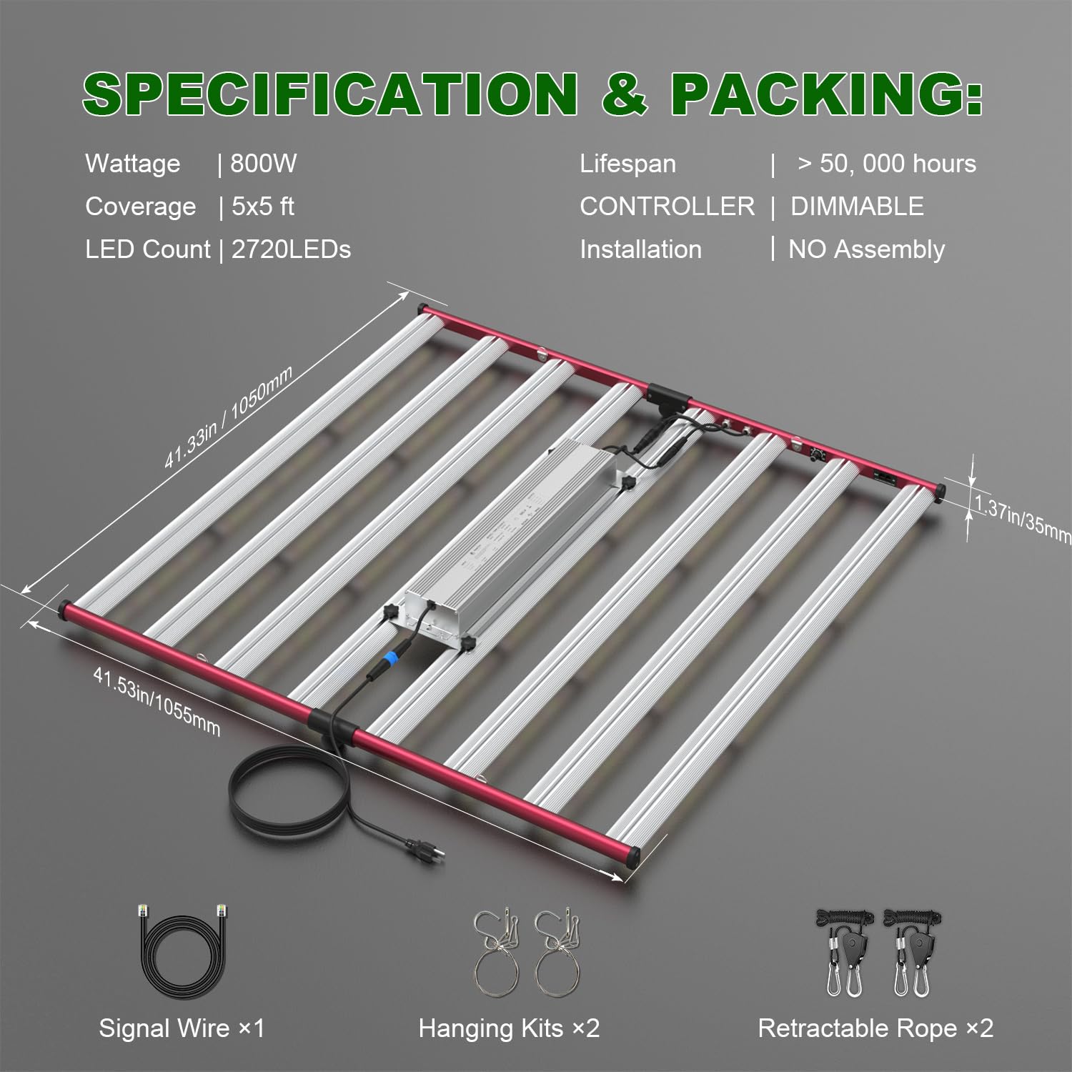 AGLEX 800W Luces de Cultivo, LED Grow Light Luz de Espectro Completo con UV IR, Enlace en Cadena Daisy, Estilo de Barra de Luz de Plantas Plegable y Regulable, Cobertura Central 6x6 pies