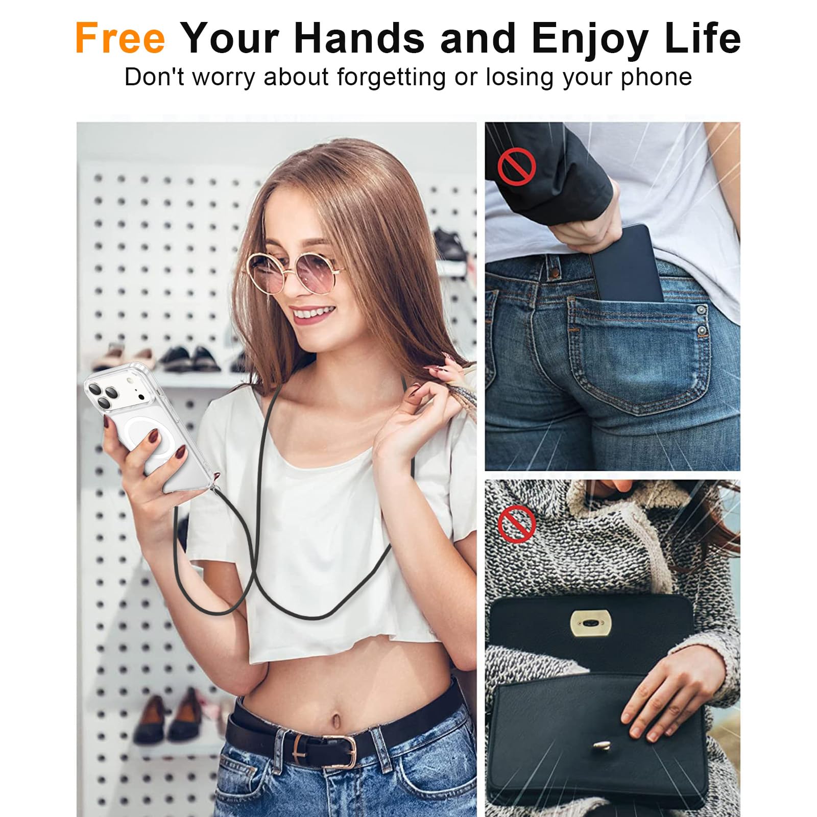 Magnetyczne etui z paskiem na telefon komórkowy iPhone 17 Pro, [kompatybilne z Magsafe], etui ochronne na telefon komórkowy, do zawieszenia, przezroczyste, odporne na uderzenia i zarysowania