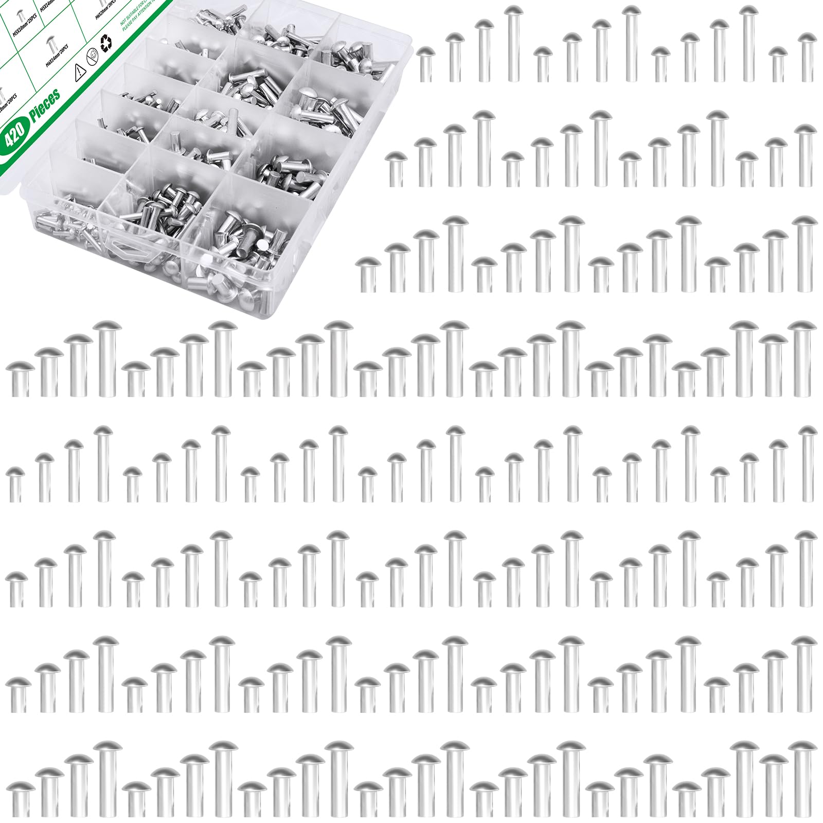 Yauhar 420Pcs M3 M4 M5 M6 × 10mm 14mm 20mm 25mm Solid Aluminum Brazier Head Rivets, High-Strength Universal Solid Rivet Fasteners for Metal Joining and Repair
