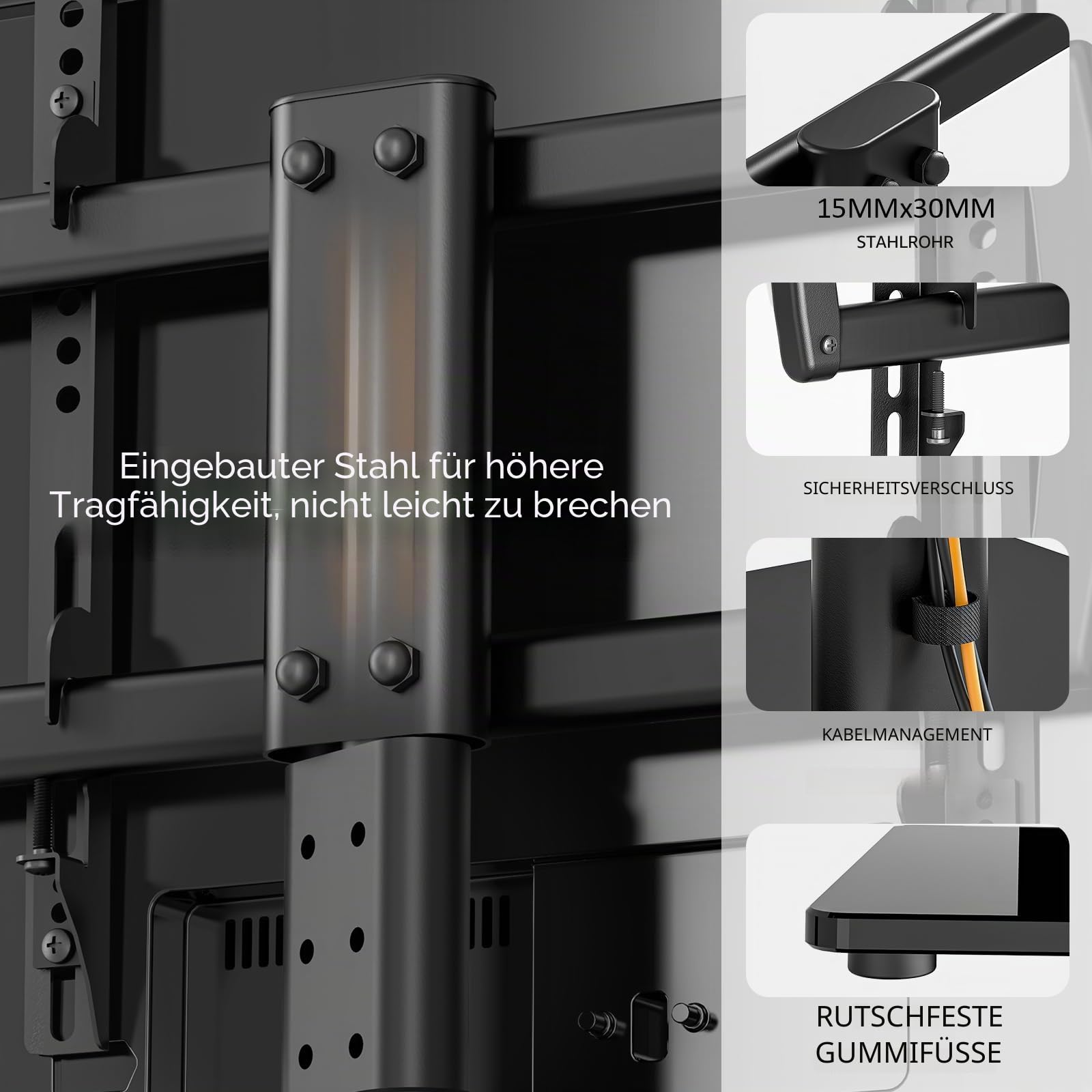 Universal schwenkbarer TV-Ständer/Tischfuß TV-Ständer 32 bis 70 Zoll TVs 80 Grad schwenkbar, 4 Stufen höhenverstellbar, Schwerer gehärteter Glassockel, hält bis zu 40KG s Bildschirme, HT04B-002P