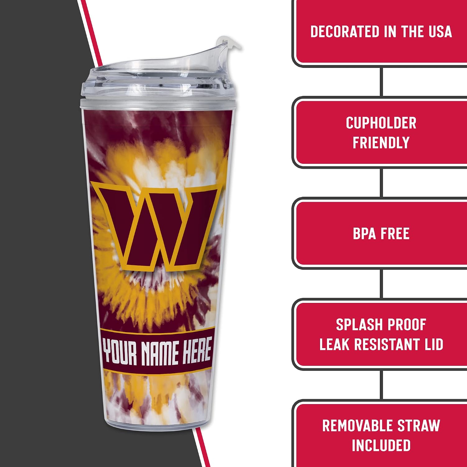 Rico Industries NFL Football Washington Commanders Metallic Tie Dye Personalized 24oz Acrylic Tumbler W/Hinged Lid - Team Colored Metallic Art Plastic Travel Tumbler - Keeps Drinks Cold or Hot