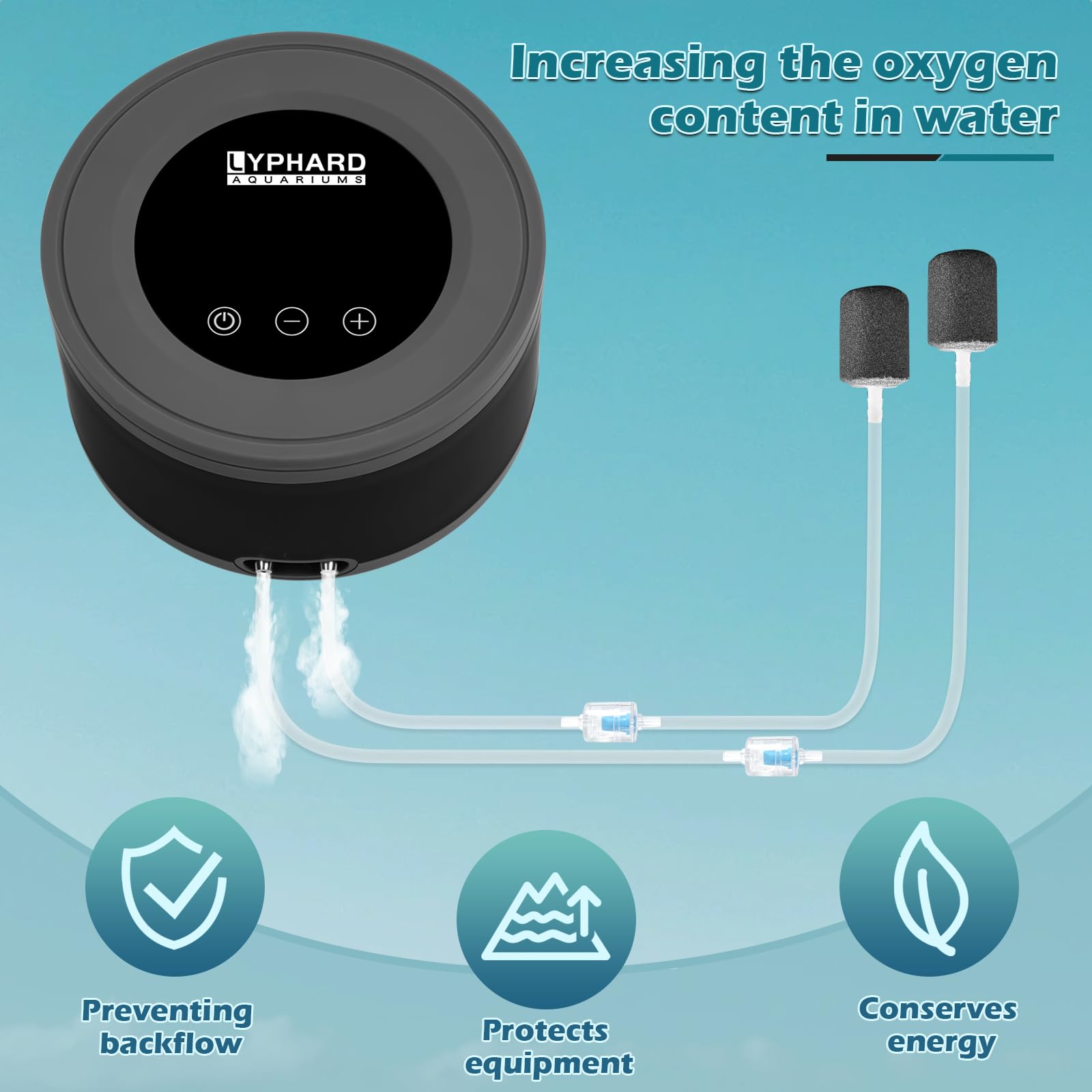 LYPHARD AQUARIUMS Aquarium Air Pump, Dual Outlets 5W Ultra Quiet Aerator for 20-600 Gallon Fish Tank Bubbler Adjustable Air Flow with Accessories - image 2