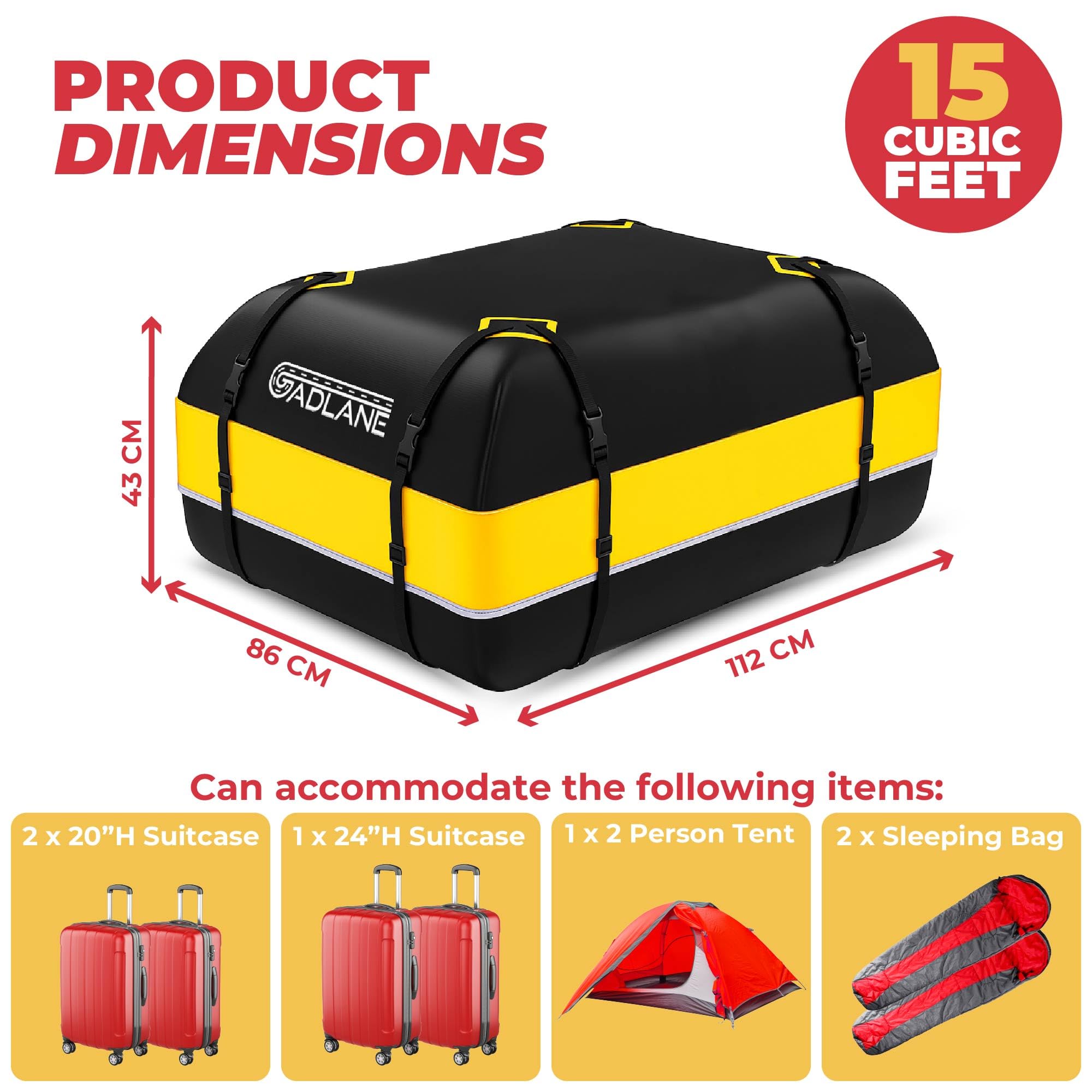 GADLANE Borsa da Tetto per Auto - 425L Box da Tetto Impermeabile per Auto con/senza Portapacchi, con Tappetino Antiscivolo, 4 Cinghie Robuste, Lucchetto a Combinazione, Borsa Portaoggetti (Gialla)