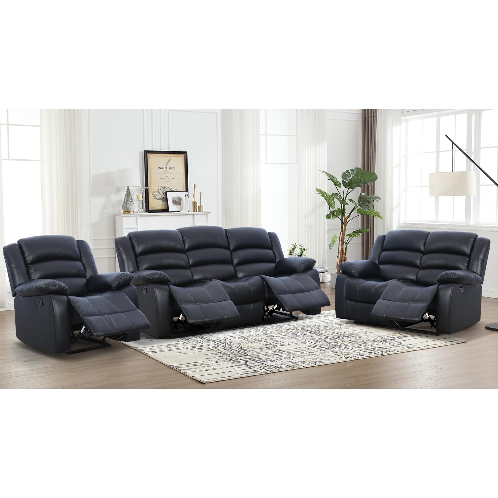EBELLO Manual Recliner Sofa Set, Faux Leather Reclining Couch Furniture Set for Living Room, Includes 1 Recliner Chair, 1 Loveseat Sofa and 1 3-Seater Reclining Couch, Black view 6