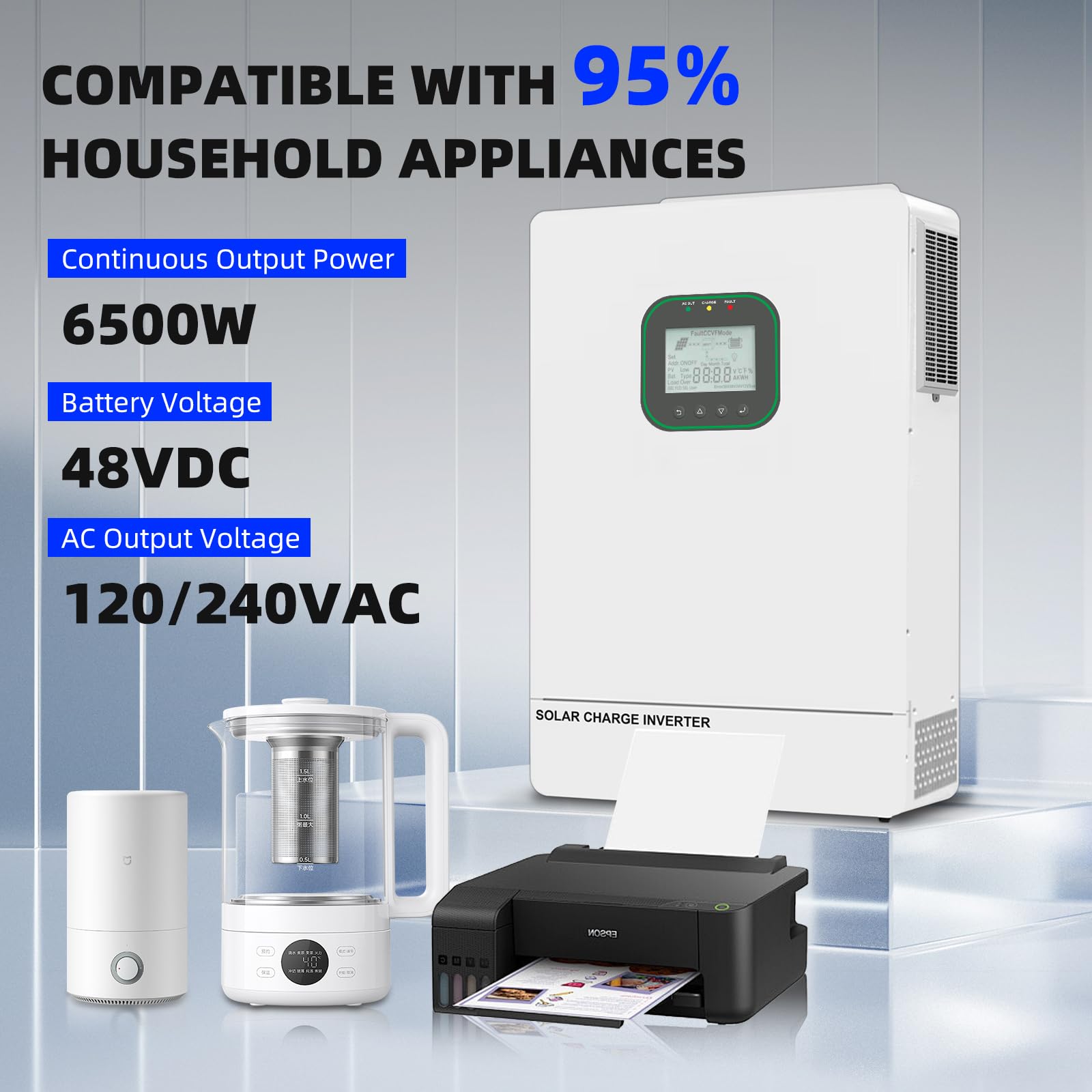 Onduleur Solaire Hybride Tout-en-Un 6500W avec WiFi, Onde sinusoïdale Pure parallèle Max .6 avec capteur CT, contrôleur de Charge Solaire intégré 2MPPT 48 V à 120 V-240 V avec capteur CT