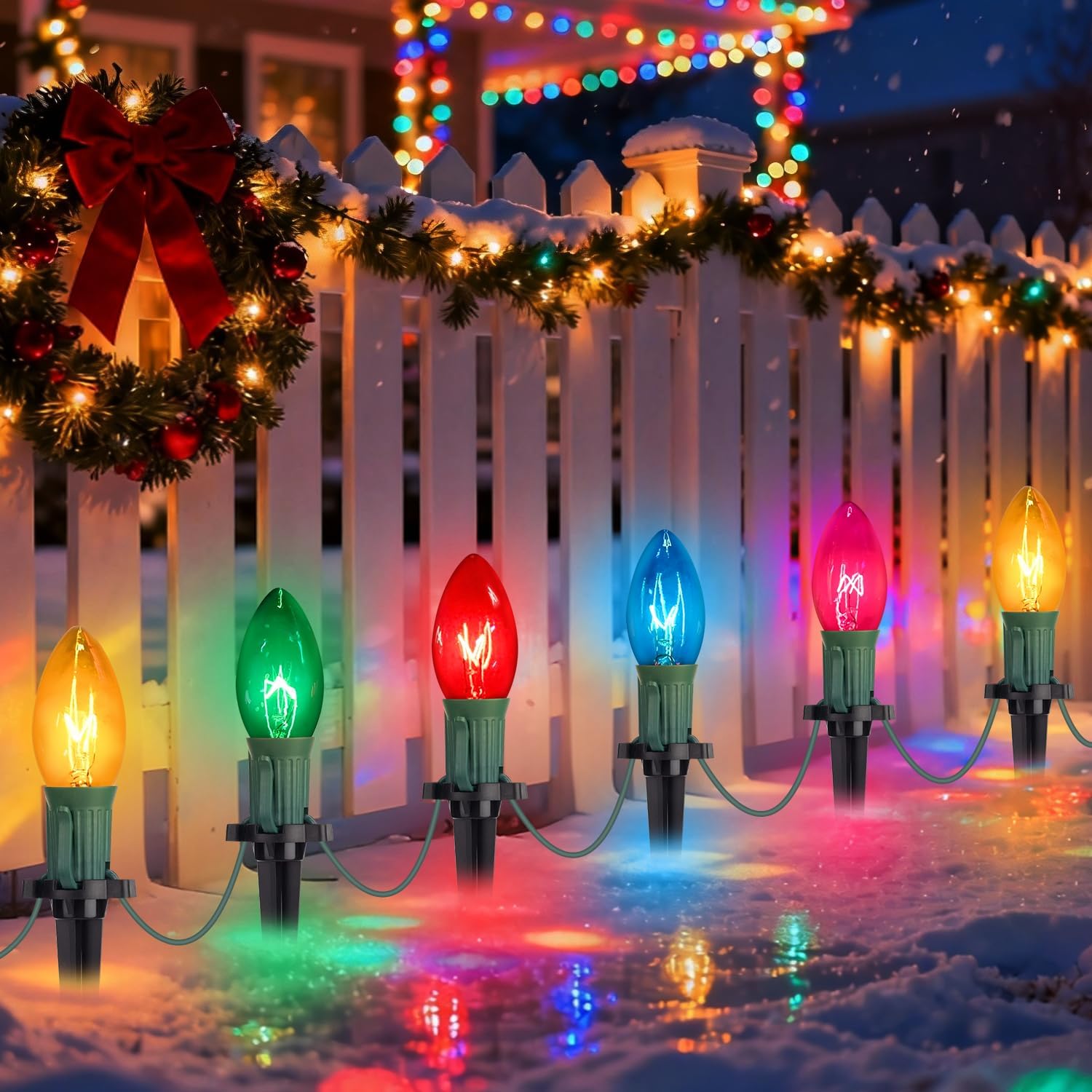 38 Feet C9 Christmas Pathway Lights Outdoor Walkway Lights with 25 Pack Multicolor C9 Stake Light Waterproof for Christmas Outdoor Decorations for Garden Landscape Yard Path Sideway, 7W