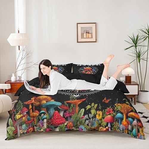 Miniatura 28 de Juego de funda de edredón de 3 piezas, diseño de hongos, diseño de hojas botánicas de acuarela y fresa, para niños, adolescentes, adultos, libélula