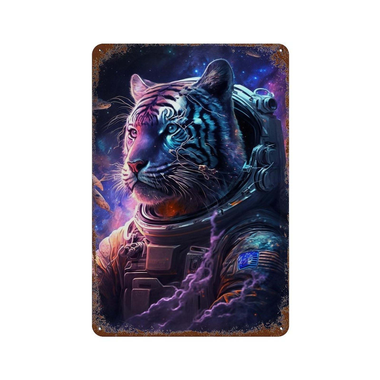 Distressed Metal Wall Sign with Space Tiger Adventure -1 Design 11.8"x7.9", for Cafe, Home Bar And Lounge Decor, Retro Wall Decor