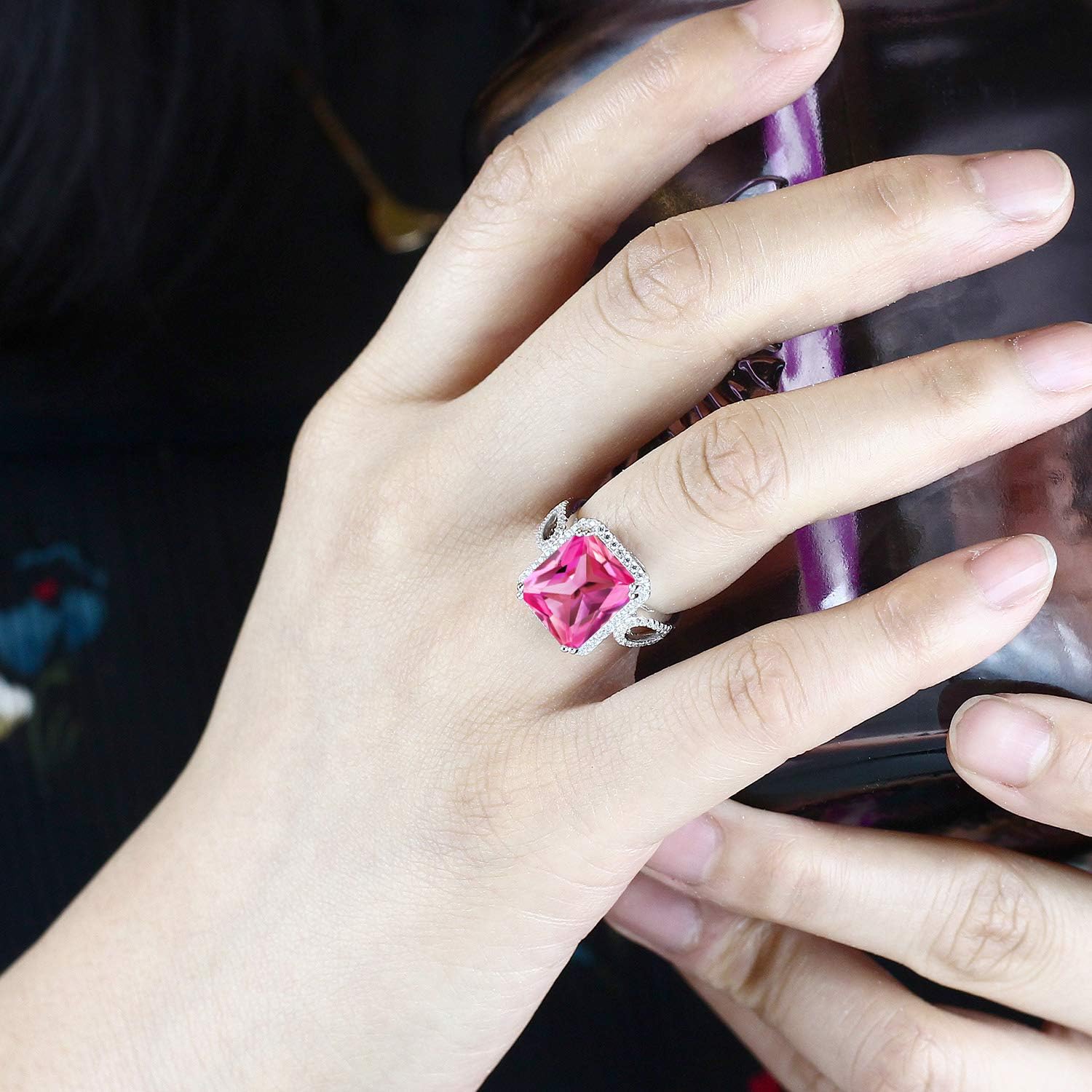 Gem Stone King 5-8 Cttw Halo Ring for Women | 925 Sterling Silver | Emerald Cut 12X10MM | Gemstone Birthstone | Fine Jewelry for Her Mom Wife | Available in Size 5, 6, 7, 8, 9