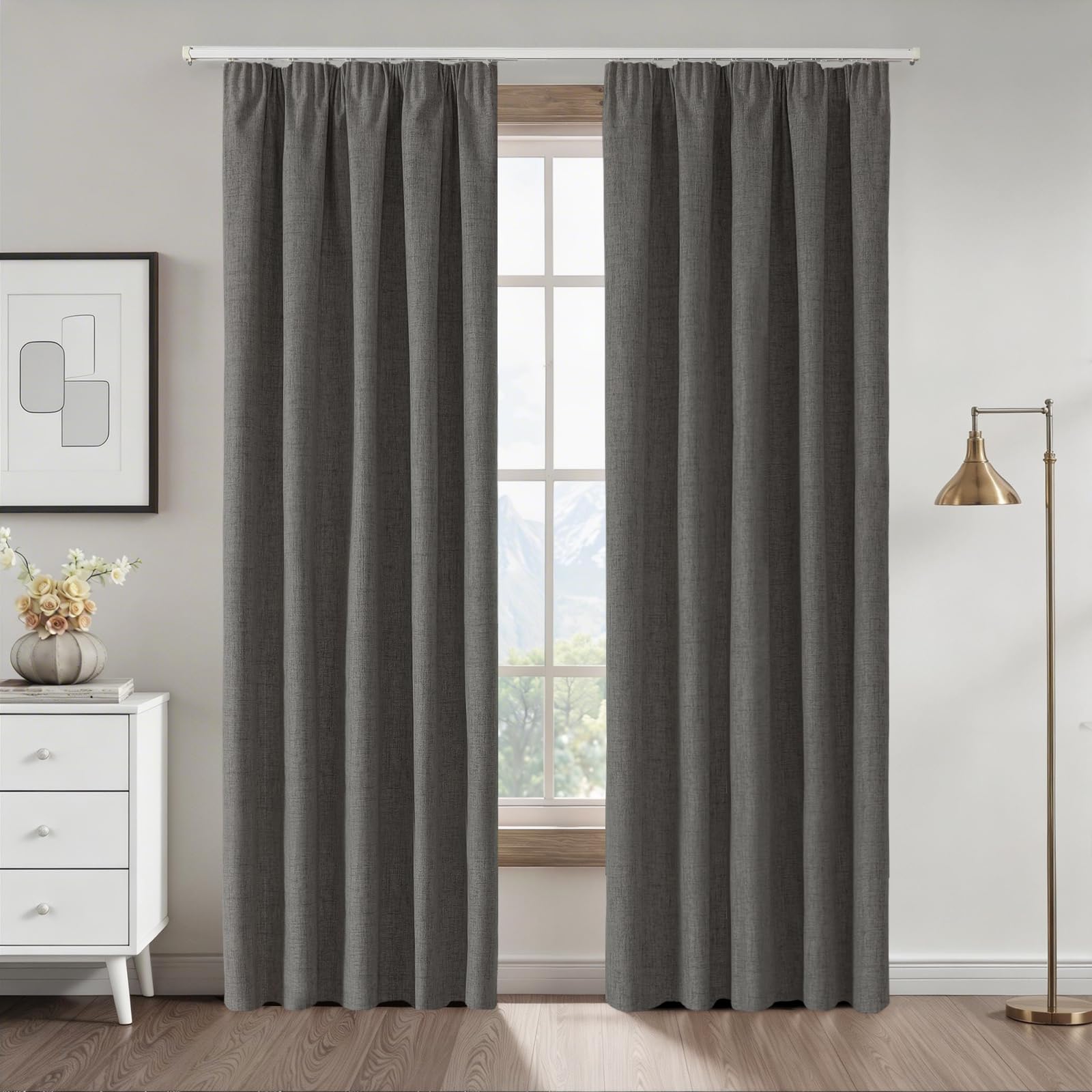 CUCRAF 100% Blackout Pencil Pleat Curtains 52 x 84 Inch Thermal for Living Room Bedroom Kitchen,Grey,2 Panels