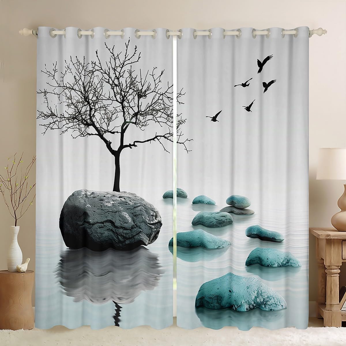 Stone Print Blackout Curtains,Natural Style Lake Trees Print Window Treatments for Kitchen,Abstract Art Room Decor Modern Polyetser Window Drapes, 2 Panels, 52Wx84L inch