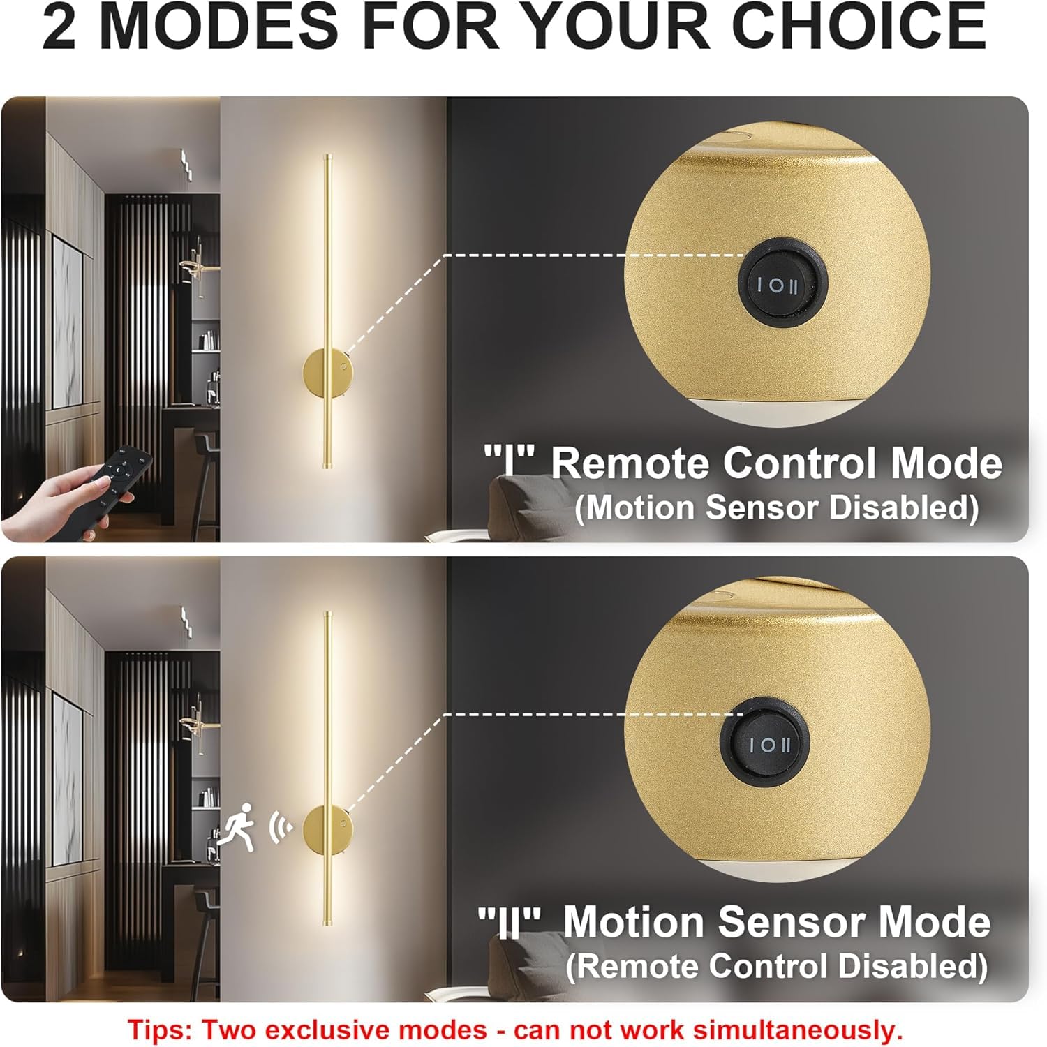 Lámpara de Pared LED Recargable Sin Conexión Eléctrica 100CM Largo Luz de Pared Detector de Movimiento Inalámbrico Luz de Pared Lámpara de Salón Regulable Mando a Distancia Luces,Oro,60CM