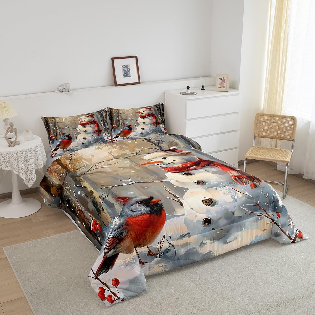 Snowman Red Bird Comforter Set King Size,Retro Rustic Woodland Duvet Insert for Kids Girls Boys Adults Room Decor,Merry Christmas Bedding Set 3Pcs,Winter Theme Vintage Quilt Set,2 Pillowcases