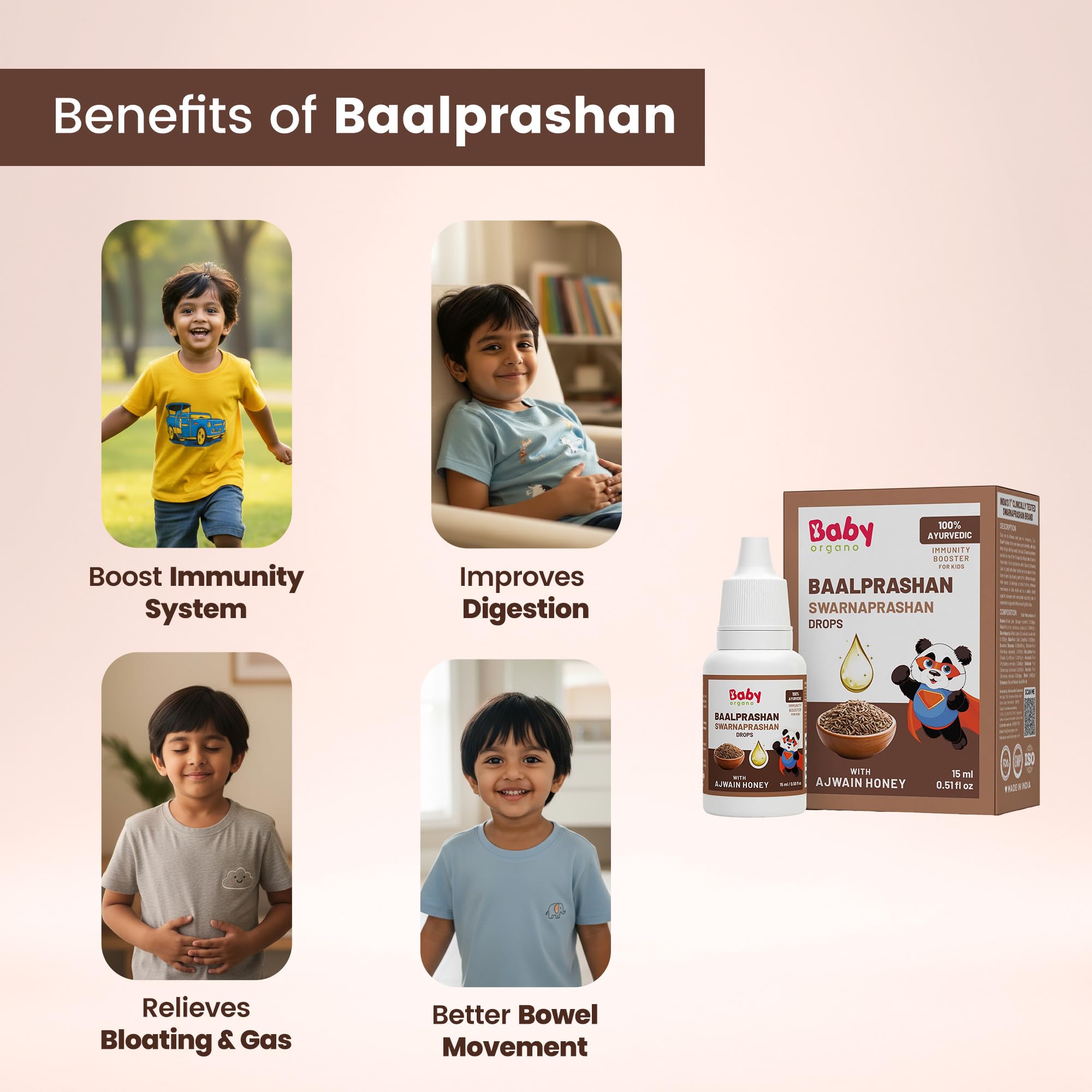 BabyOrgano Swarnaprashan Drops for Kids 0-15 Years | 24CT Swarna Bhasma, Brahmi, Shankhpushpi & Vacha | Clinically Tested Immunity Booster | For Brain & Growth | AYUSH Approved | Ajwain Honey | 15ml (Pack of 1) 4