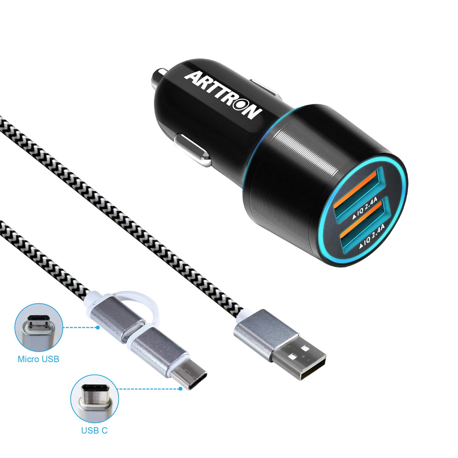 USB Car Charger, Arttron 24W 4.8A Car Charger Adapter. with 3Ft USB Type C &Micro 2 in 1 Fast Charging Cable,for iPhone/Samsung S24/S23/S22/S22+/Ultra/S21/Note 9/S10/