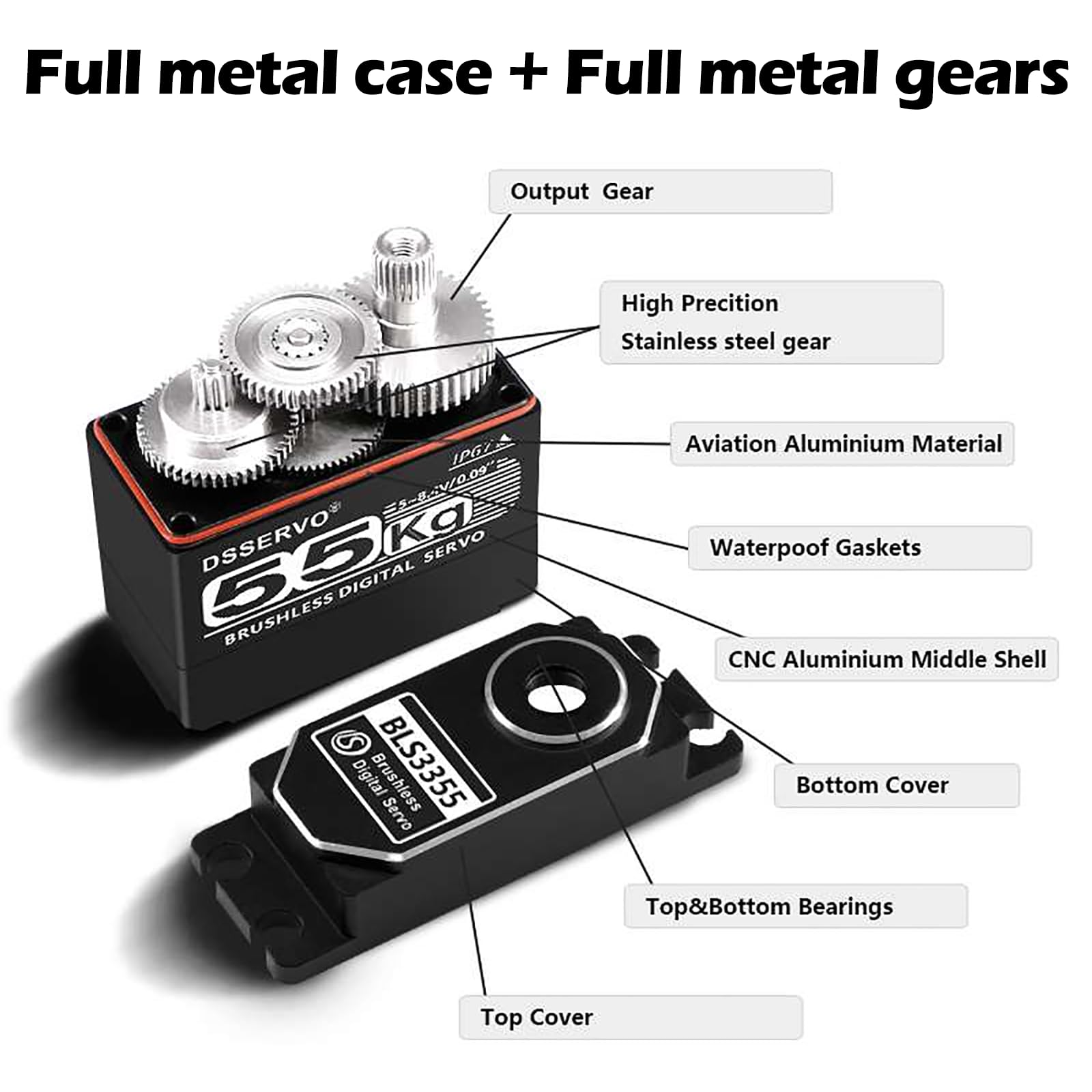 Wishiot 55kg Brushless Servo High Speed RC Digital Servo Waterproof IP67 Full Metal High Torque Servo for 1/8 1/10 RC Car Crawler (BLS3355) 270°