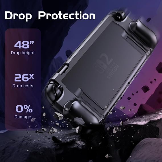 FIWWAT Dockable Protective Case for Nintendo Switch 2, TPU Ergonomic Grip Cover with Foldable JoyCon Holder Design, Slim Shockproof Hard Shell fit for Switch 2 Console & Kickstand - Matte Black