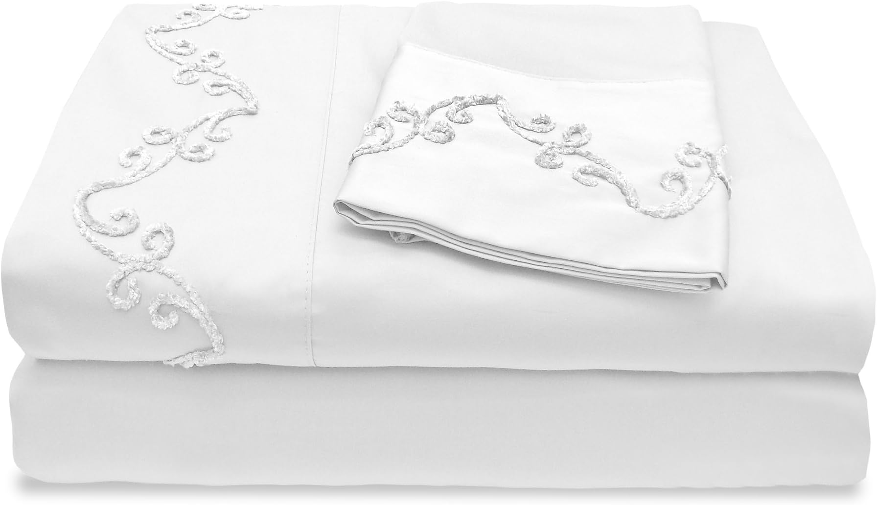 Veratex The Chenille Scroll Collection Contemporary 1200 Thread Count 100% Cotton Sateen Pillowcase Pair with Embroidered Design, Standard Size, White