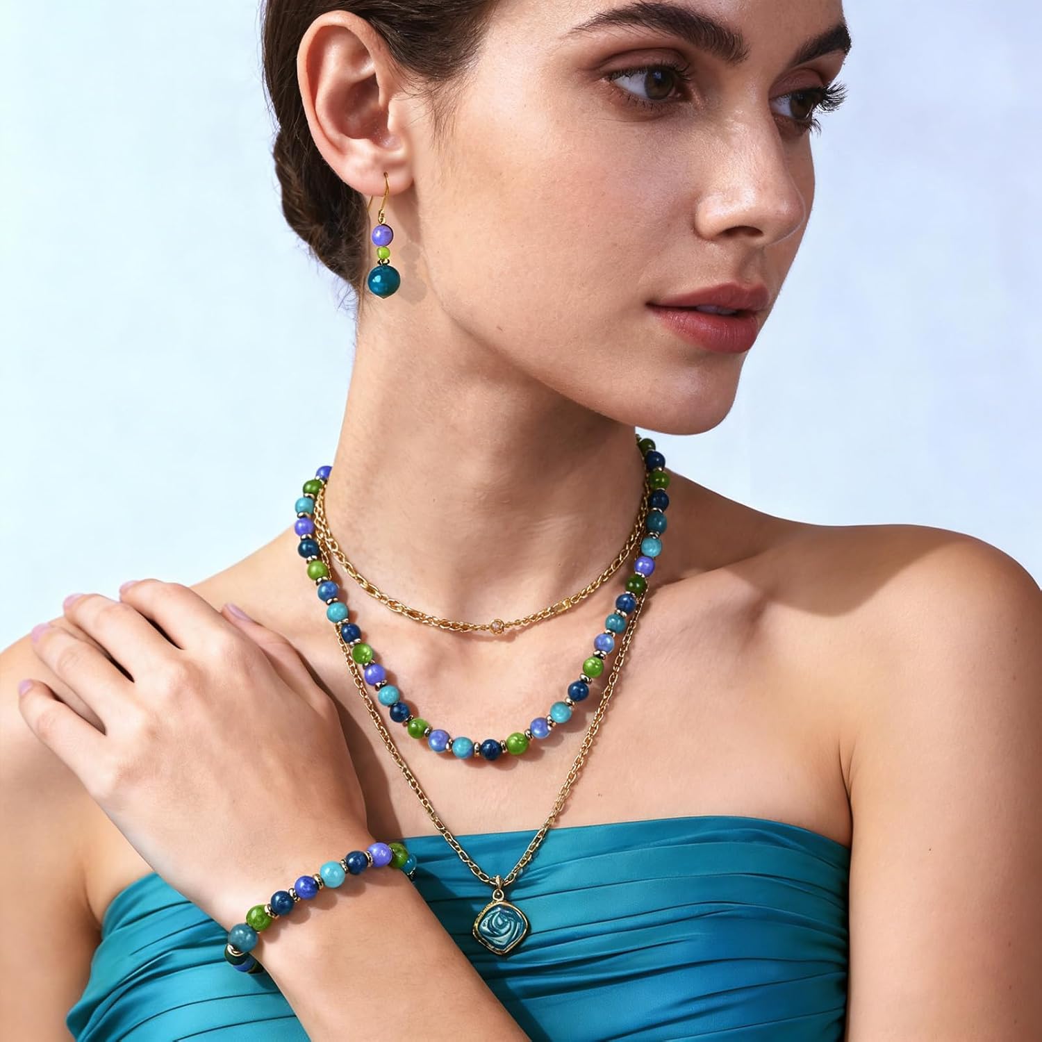 Beaded Necklaces for Women 3Pcs Colorful Boho Gemstone Bead Choker Summer Natural Stone Surfer Beach Bead Necklace Bracelets Earring Set Handmade Jewelry for Women Gift Jewelry Sets