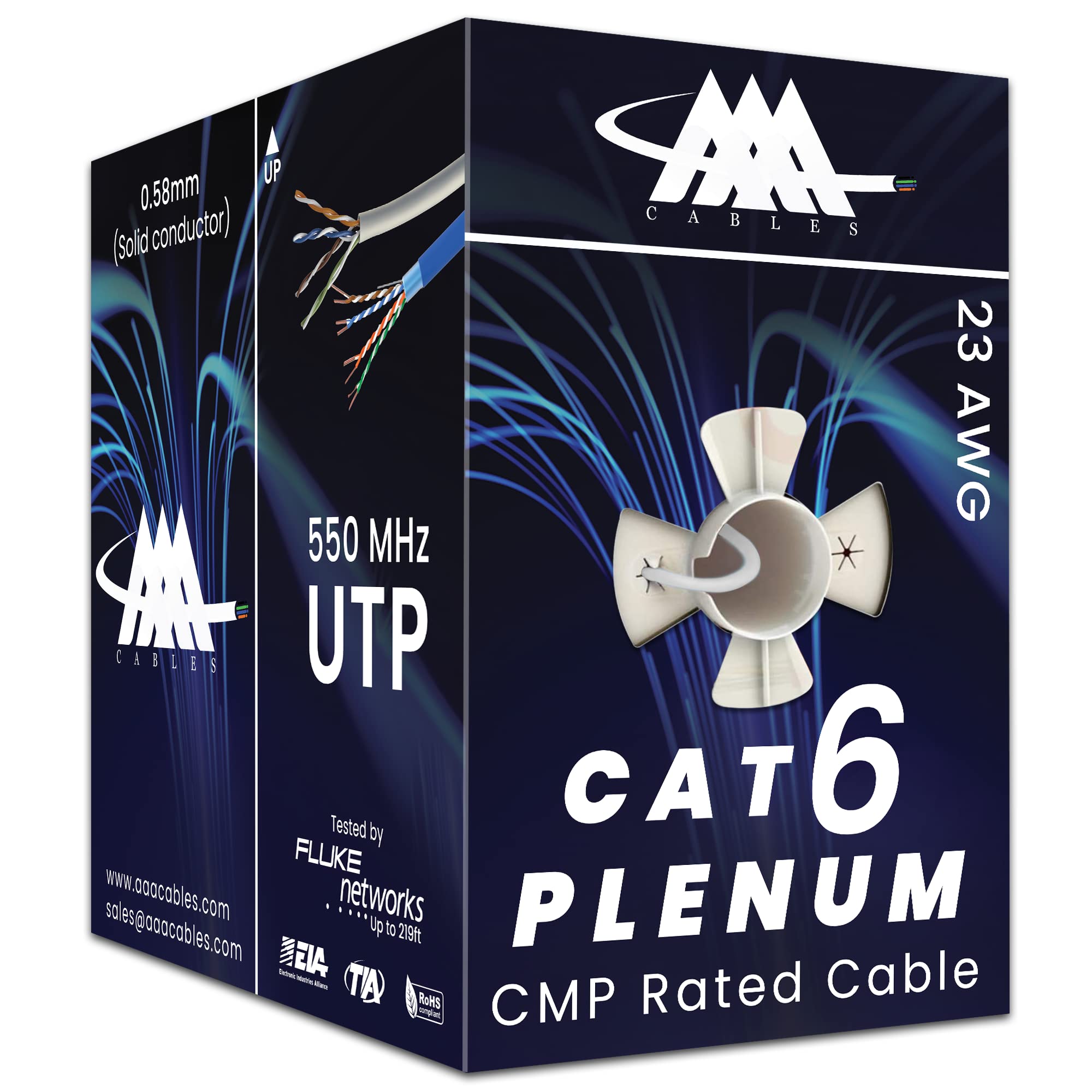 AAA CMP Cat6 Plenum Cable 1000ft | DSX-8000 Tested | 0.58MM Solid Conductor | 23AWG Ethernet Plenum Cat 6 Cable | UTP Unshielded Twisted Pair | 550MHz White