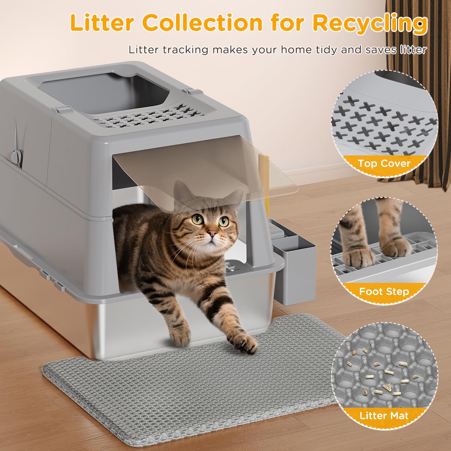 XXL Stainless Steel Litter Box with Lid, 27.5''x19.7''x19.3'', Modular Design & Flip Lid of Closed Metal Litter Box Fit All Cats, Covered High Sided Cat Box, Non-Sticky, Easy to Clean, Grey - image 6