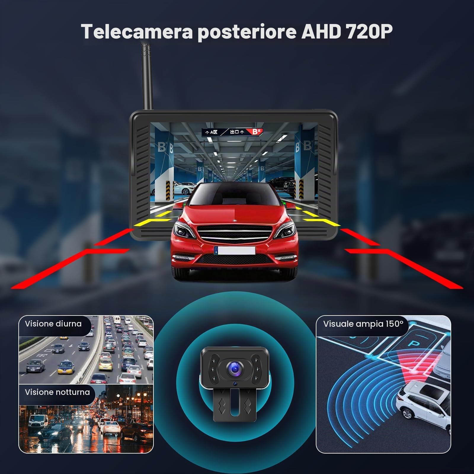 Kit Telecamera Retromarcia Senza Fili con 4,3'' IPS Monitor, Telecamera di Backup Impermeabile IP69 Segnali Digitali Stabili,Visione Notturna con Grandangolare, Telecamera per Auto/RV/Camper