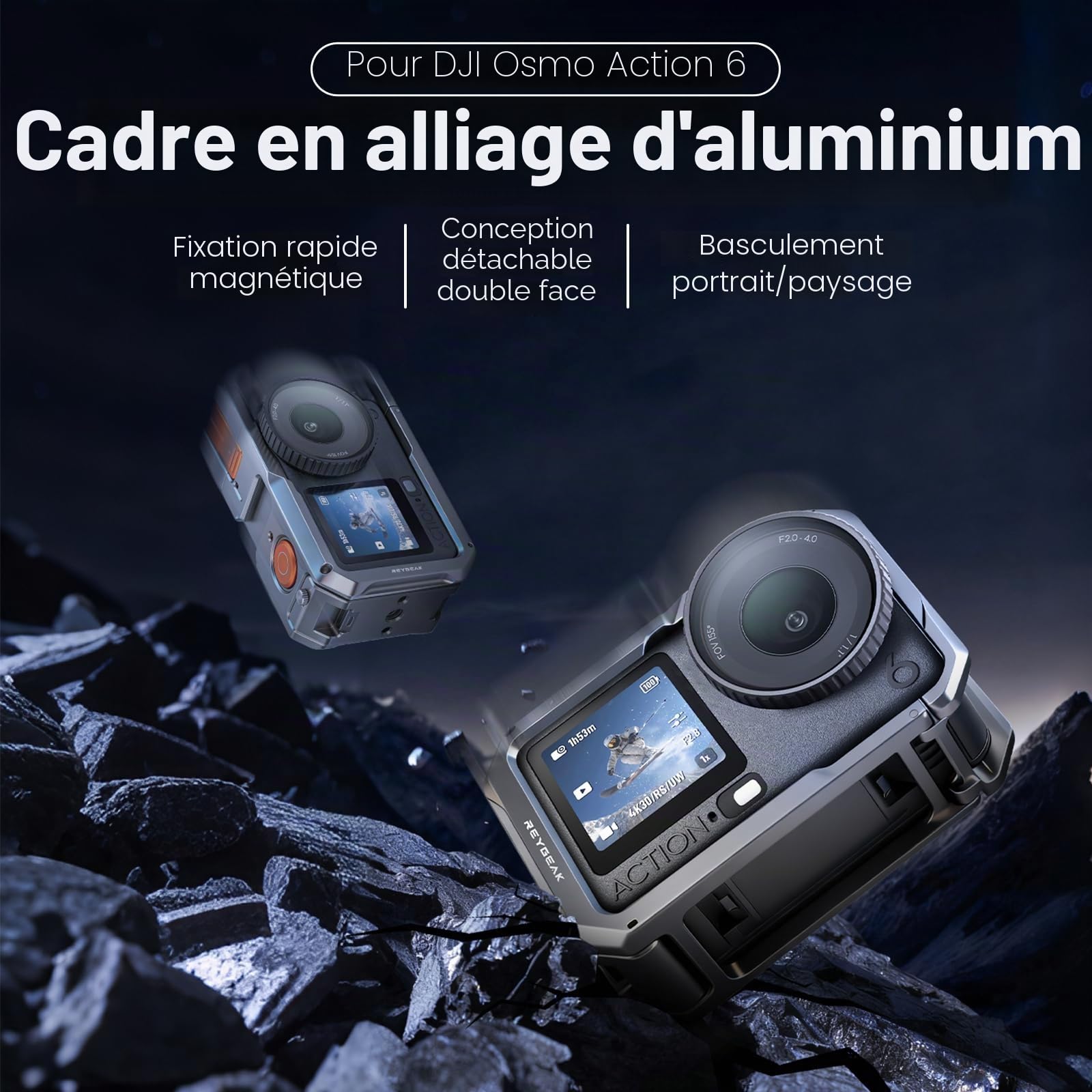 Reygeak Cage en métal ultra légère pour DJI Osmo Action 6, cadre aluminium avec vis 1/4", chaussure froide, support adaptateur dégagement rapide double griffes