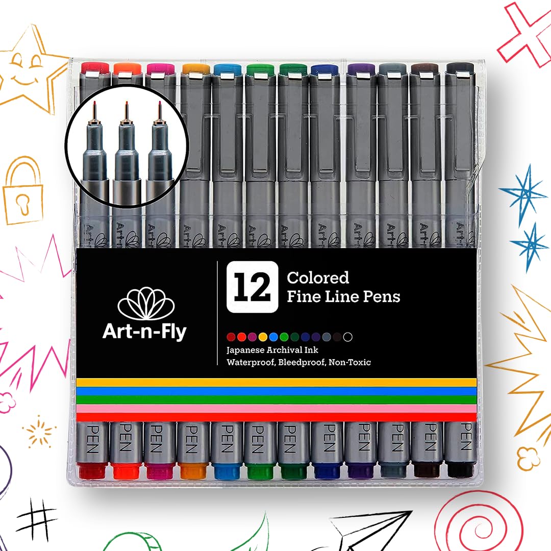Art-n-Fly Fine Point Tip Micron Pen 0.3mm - Multi Colored Fineliner Pens | Waterproof, No Bleed & Quick-Dry Fine Point Pens with Japanese Archival Pigment Ink for Drawing, Coloring, Detailing