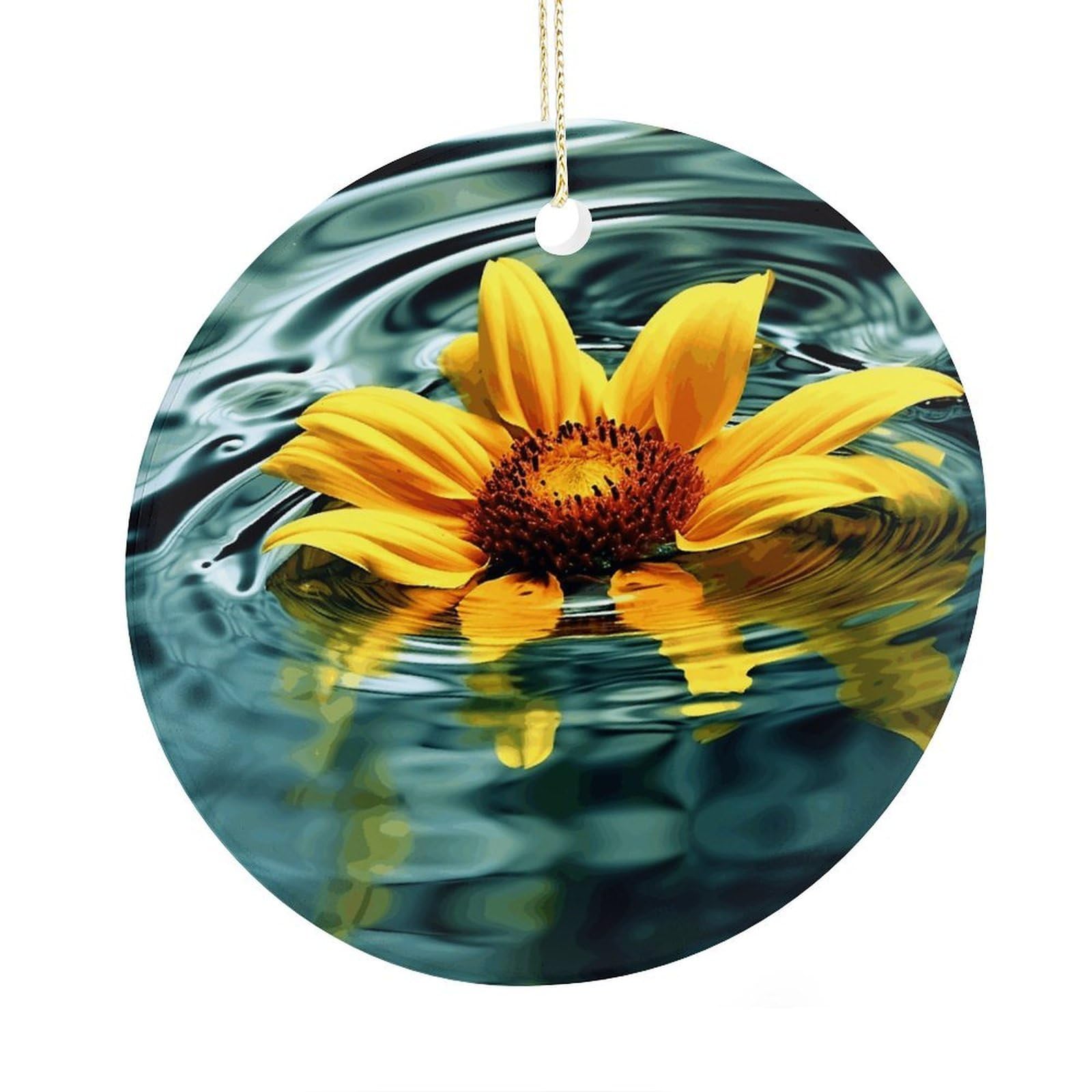 Adfgyerh Style Sunflower In Water Ceramic Circular Pendant,2.9 Inch，Hanging Ornament，Gift Exchange Idea Round Ceramic Ornament,For Mom And Daughter，For Home Indoor Outdoor Decor.