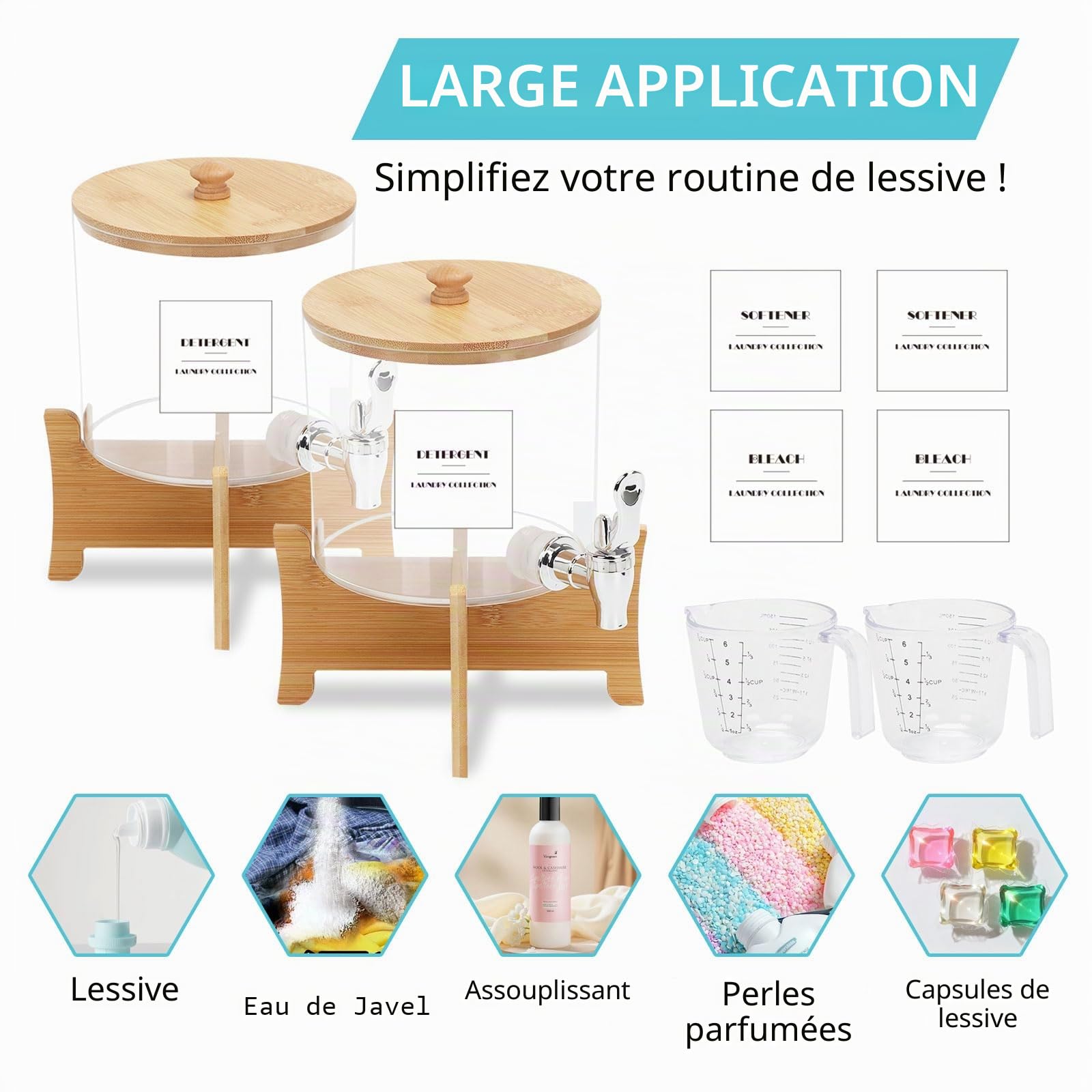 Lot de 2 distributeurs de détergent à lessive liquide avec robinet, 2,5 L réutilisables avec tasse à mesurer, pots de rangement en plastique pour adoucissant, booster de parfum, eau de Javel, bombes