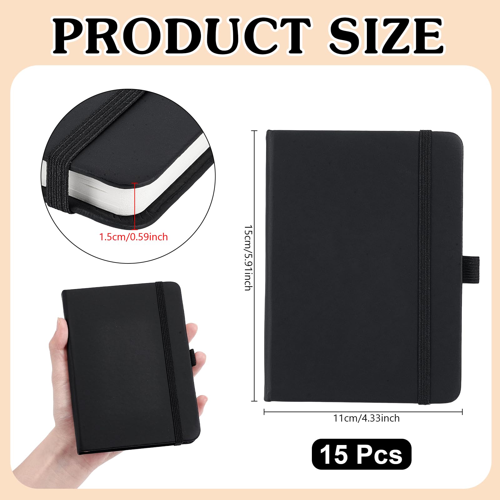 Lot de 15 mini carnets de poche A6, journal ligné pour université, bloc-notes de voyage, carnet de notes ligné robuste noir pour bureau, école, prise de notes quotidienne