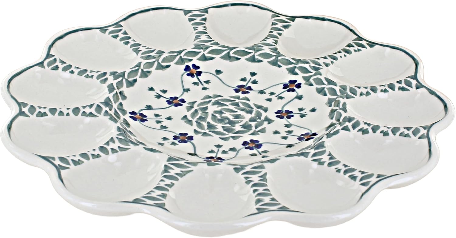 Blue Rose Polish Pottery - Red Daisy Egg Plate - 10" Diameter - Hand-Painted Polish Pottery Ceramic Deviled Egg Platter for Serving, Entertaining & Holidays