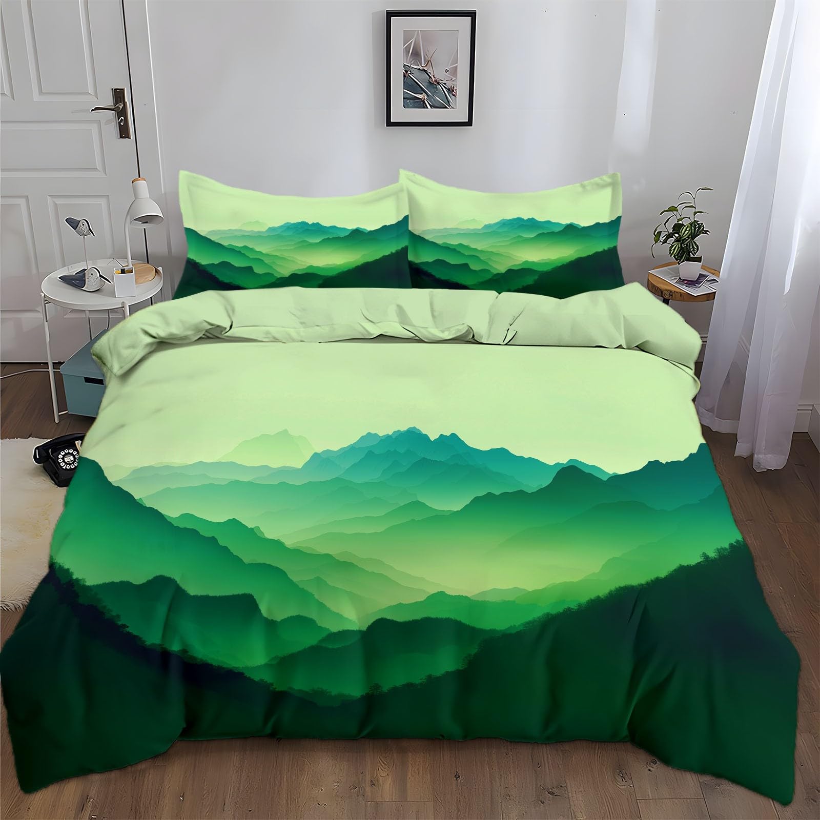 Poszwa na kołdrę 260 x 240 cm Chińskie góry Tradycyjny obraz 3-częściowy zestaw pościeli z mikrofibry, jasnoniebiesko-zielony zestaw pościeli dla 2 osób, zestaw pościeli z 2 poszewkami na poduszki